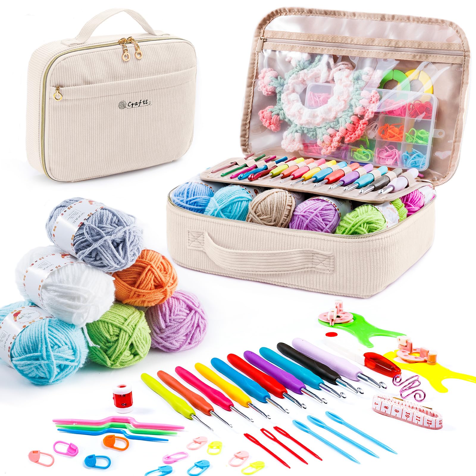 MYBAGZING Kit de ganchillo para principiantes con bolsa de almacenamiento de hilo, 10 ganchos de ganchillo de 2 a 6 mm, 10 madejas de hilo para ganchillo, accesorios de tejer, kit de inicio de