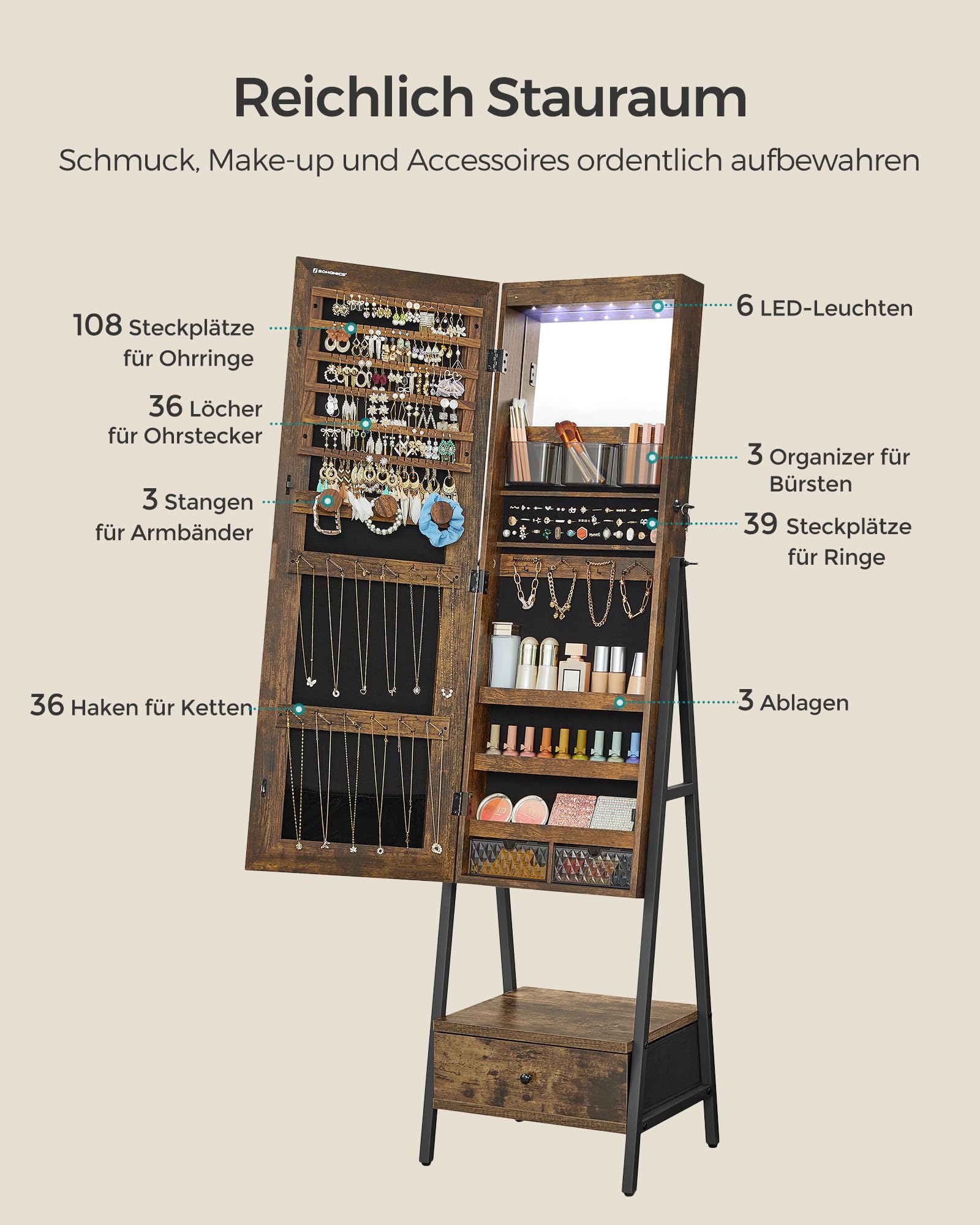 SONGMICS Schmuckschrank mit LED-Beleuchtung, Spiegelschrank abschließbar, Ganzkörperspiegel, platzsparend, Schmuck-Organizer, mit Schubladen, Ablagen, Geschenkidee, vintagebraun JJC025X01