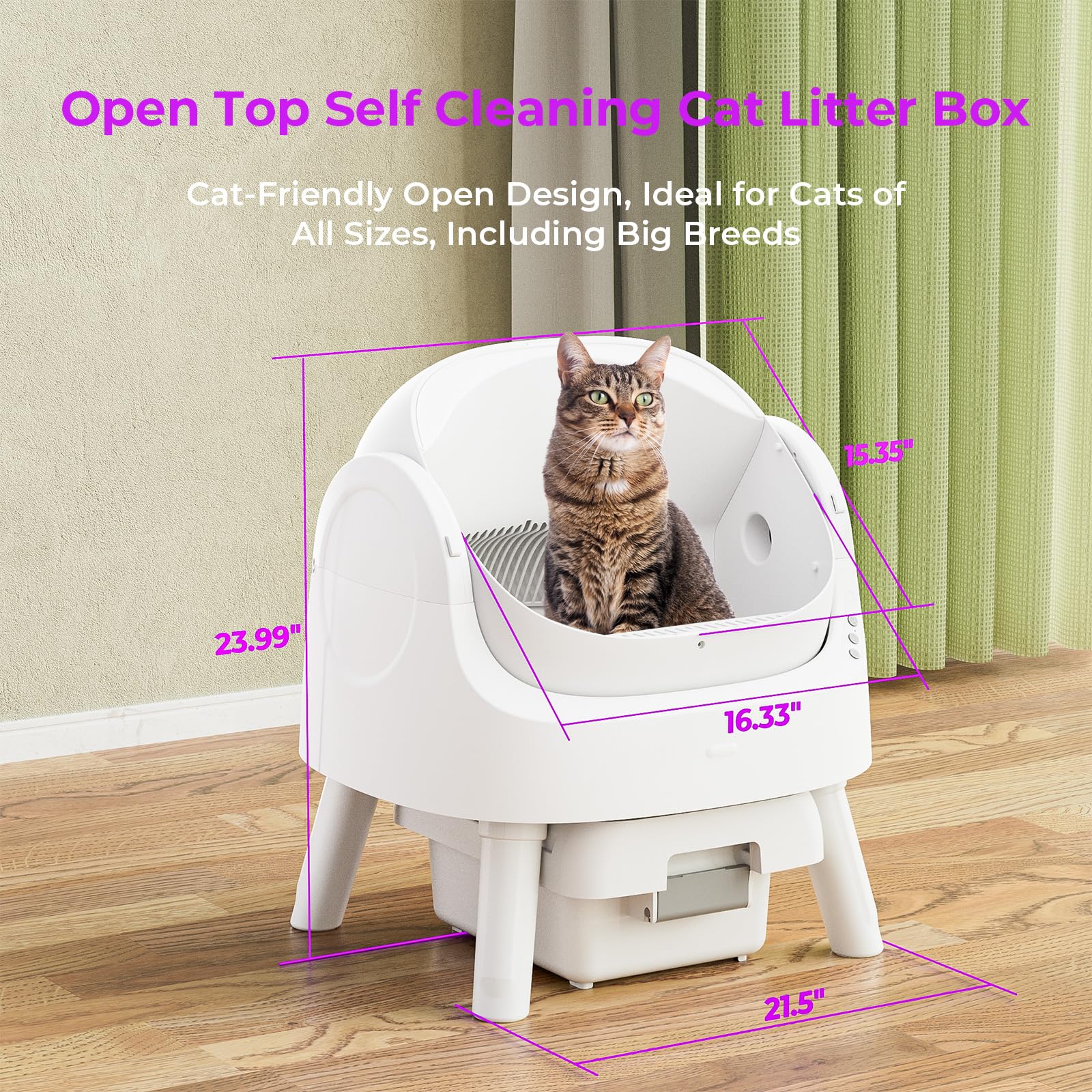 PetPivot Self Cleaning Litter Box, Open Top Automatic Litter Box for Multiple Cats, Multiple Layer Safety Protection, Liners and Mat Included, White