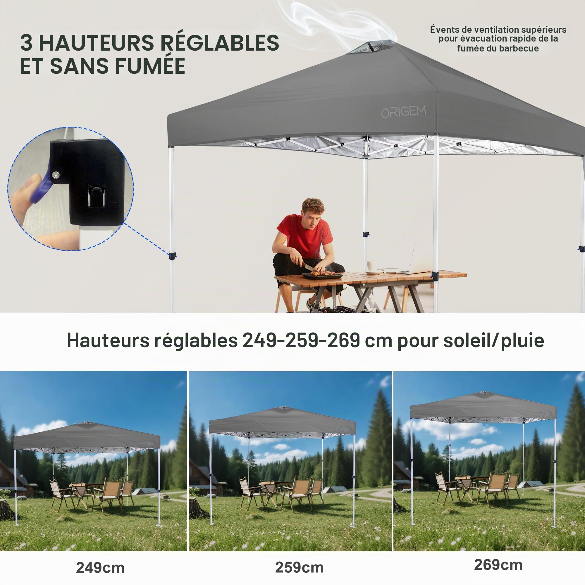 Origem Tonnelle de Jardin Extérieur 3x3 Pliante Imperméable avec Parois | Montage rapide en un geste, parois latérales, sac à roulettes, abri pour jardin, camping, marché et événements en plein air