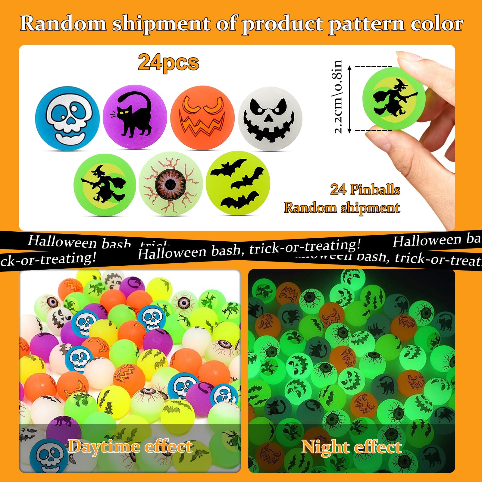 LETTERASHQP Balle Rebondissante Halloween, 22mm Balle Rebondissante Lumineuse,Halloween Luminous Bouncy Balls Für Die Augen, Für Partyzubehör Zu Halloween-24pcs