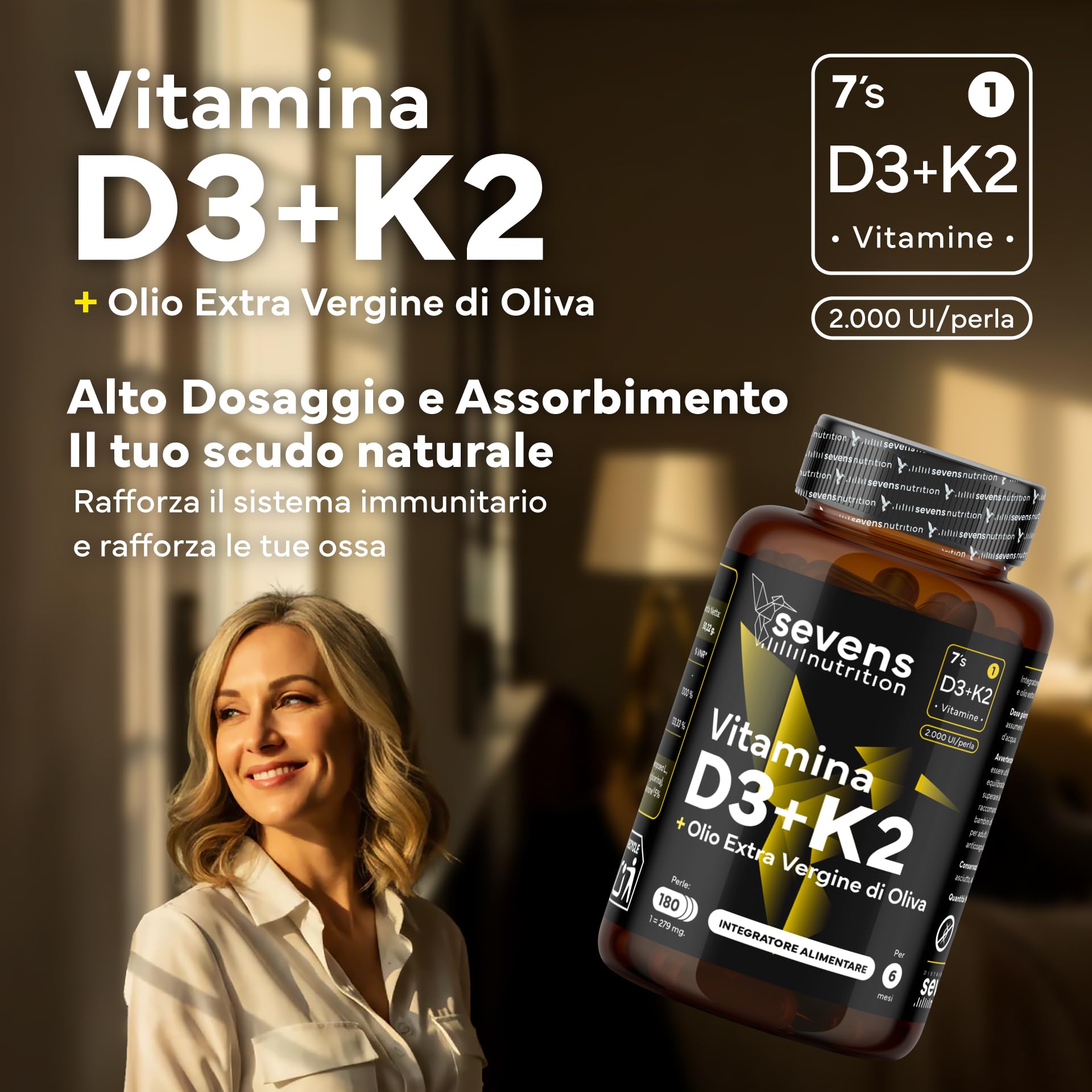 Vitamina D3 K2 - Alto Dosaggio y Assorbimento - Vitamina D3 2.000 U.I. e 100 µg di Vitamin K2 MK7 per Sistema Immunitario, Ossa e Denti - Con Olio Extravergine di Oliva - 180 Softgel Senza Glutine