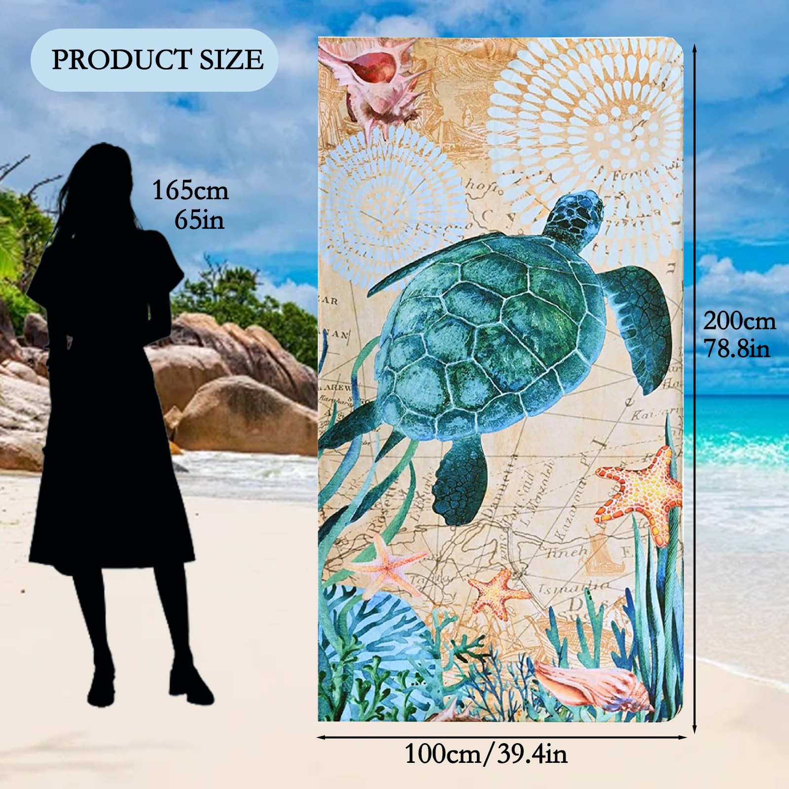 Ręcznik plażowy 90 x 180 cm ręcznik plażowy XXL, bez piasku, z żółwiami morskimi