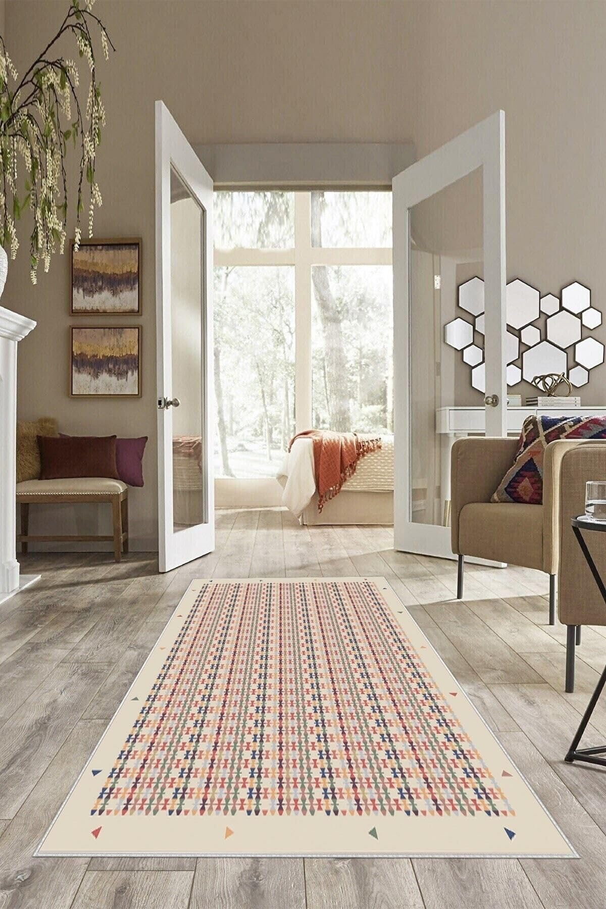 Pelangi Çok Renkli Kilim Desenli Yıkanabilir Kaymaz Taban Leke Tutmaz Modern Salon Halısı Ve Yolluk, Bej-Renkli 100 x 350, 135822210035005