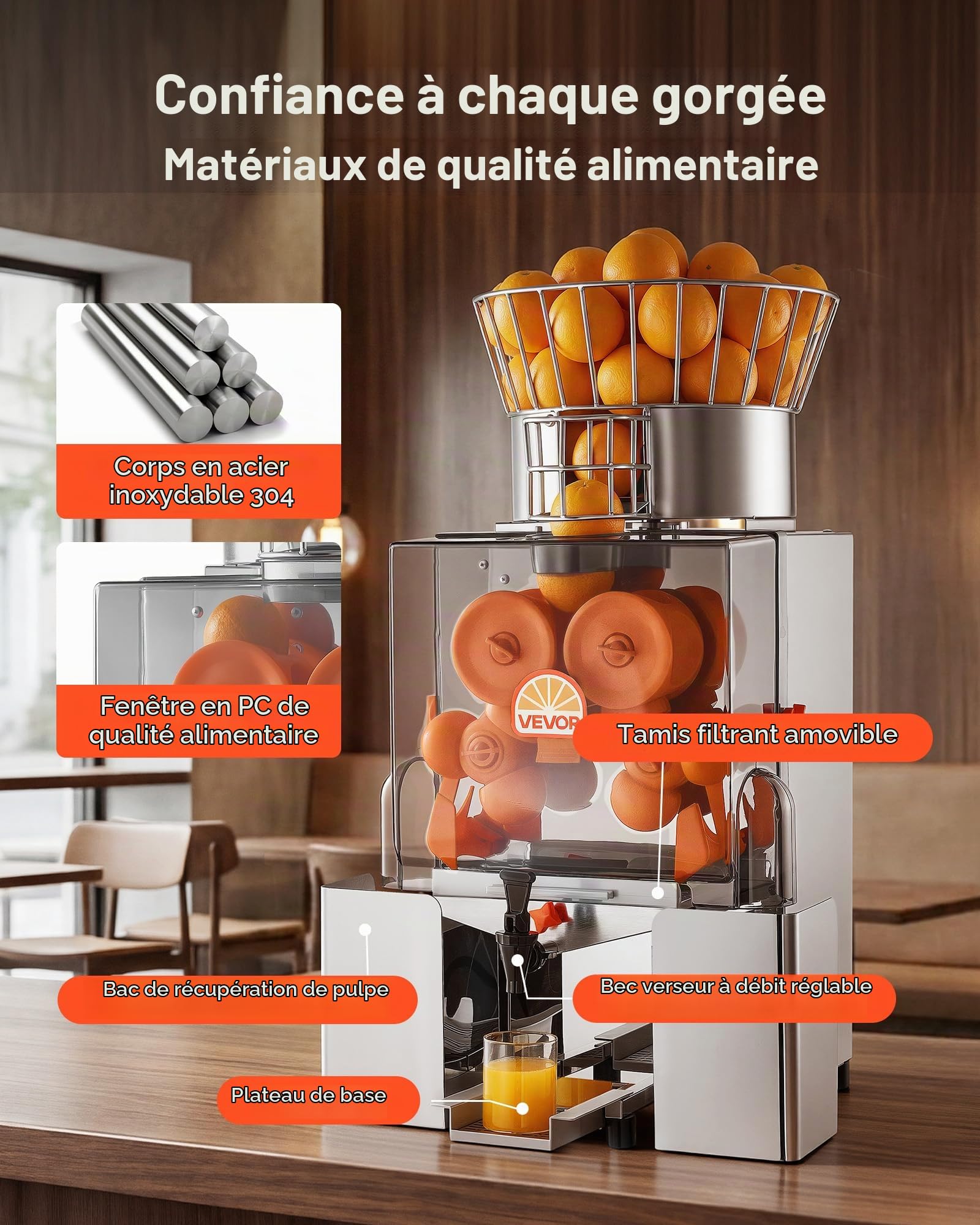 VEVOR Presse Agrumes Professionnel Extracteur de Jus Automatique en Inox, Pour Bar à Jus Restaurant Supermarché, Presse Orange Électrique 120 W, Rendement Élevé 20 Oranges/min, Avec Bacs et Robinet