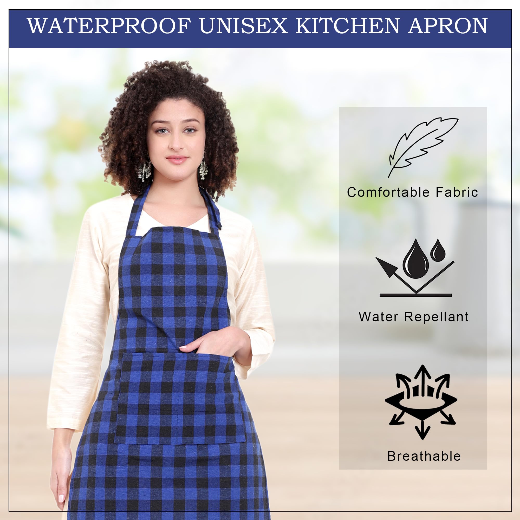 GLUN® Delantal de cocina unisex a cuadros azules y blancos, parte trasera impermeable con bolsillo central y cuello ajustable