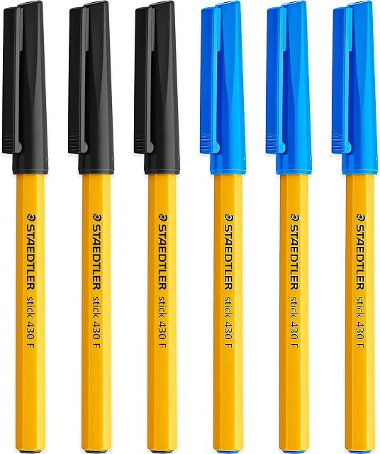 STAEDTLER Fine 0.3mm 430 Stick Ballpoint Pens Writing Pen Smooth - Black & Blue Ink - Pack Of 6