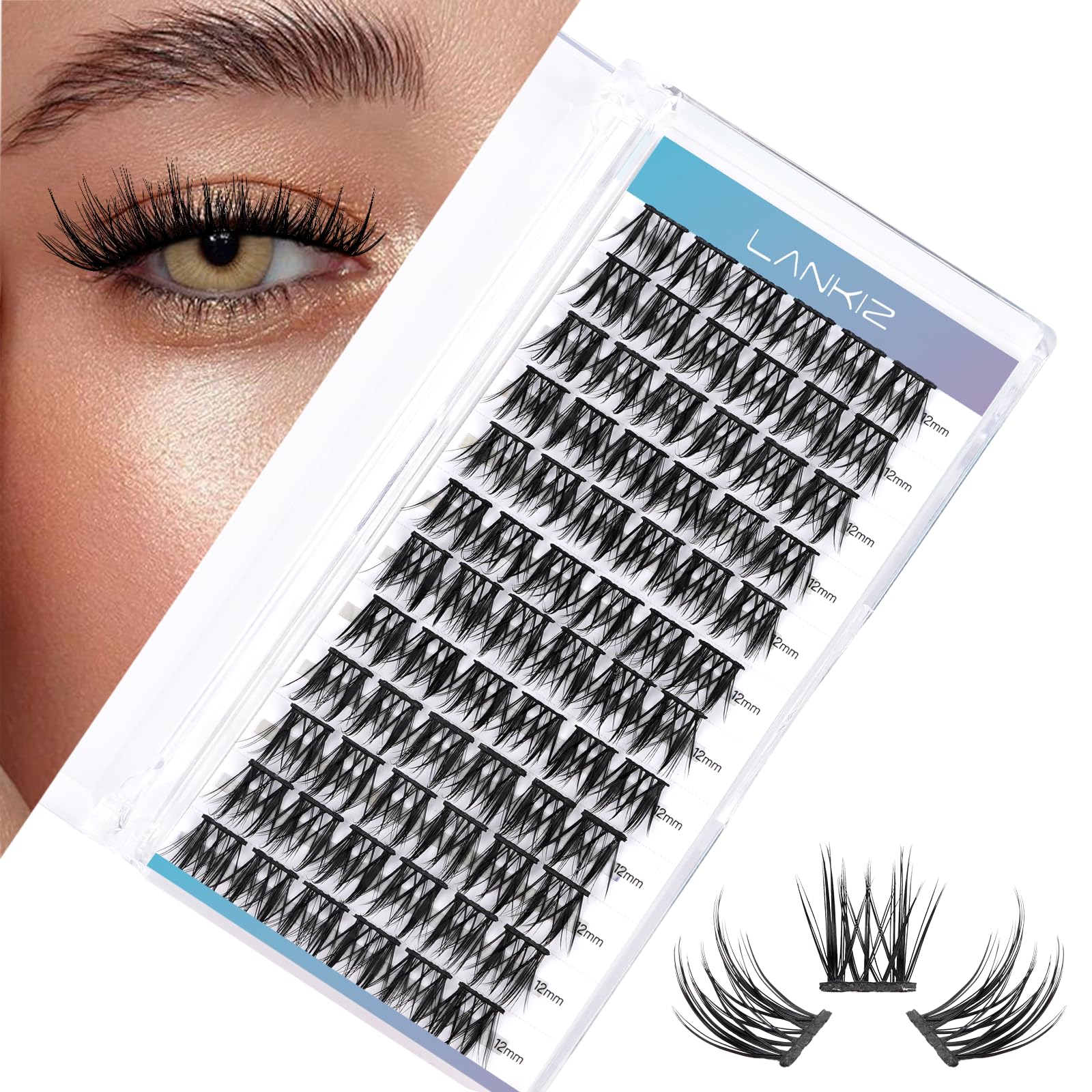 LANKIZ Lash Clusters DIY Lash Extensions Individual Lashes Natural Eyelash Clusters Extensions Soft and Lightweight Resuale Wide Band Cluster Lashes for Home Use (C03,D-12mm)