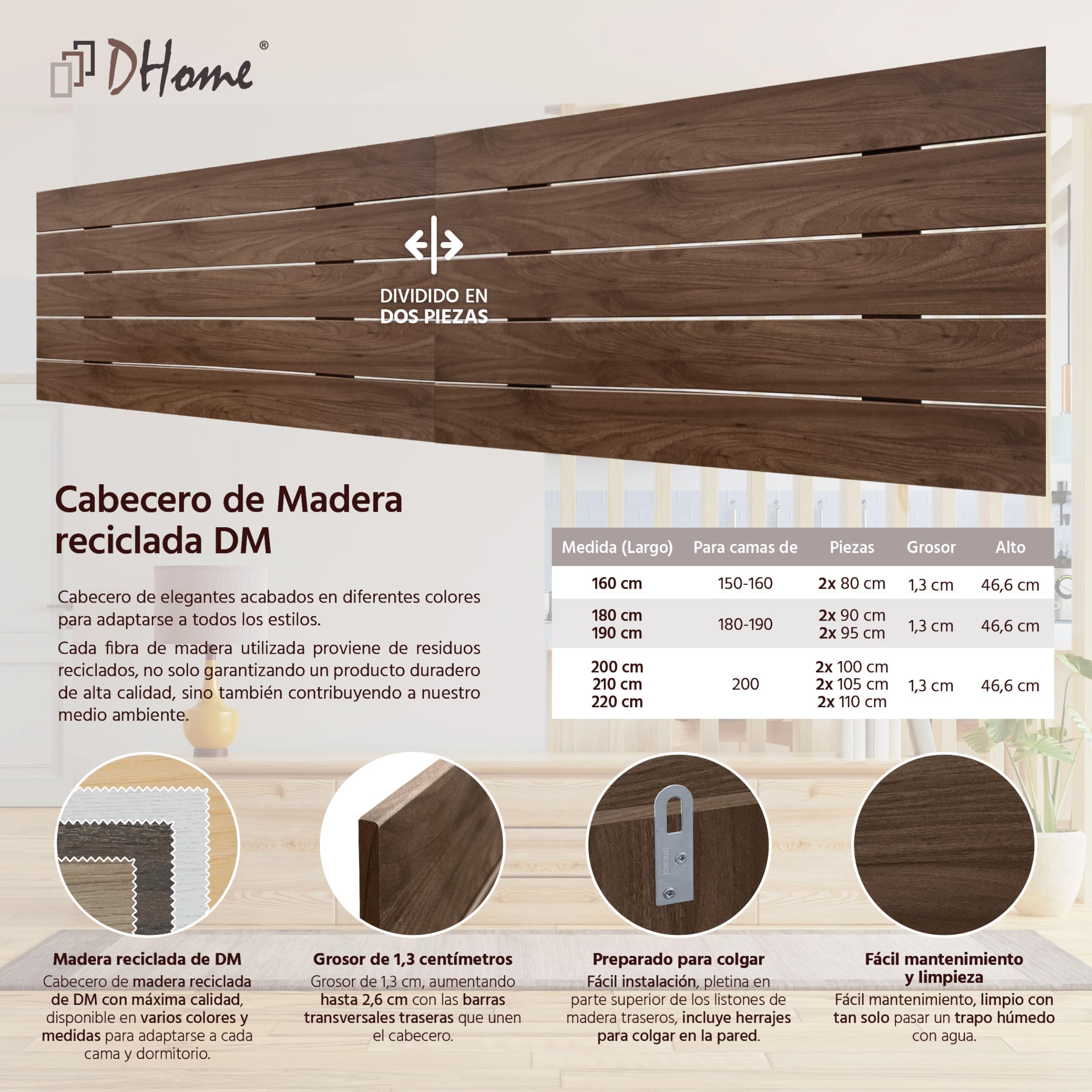 DHOME Cabecero de Madera reciclada DM Estilo Palet Horizontal Dual Dividido en 2 Piezas Cama Palets Herrajes incluidos (210cm Dual, Nogal Madera)