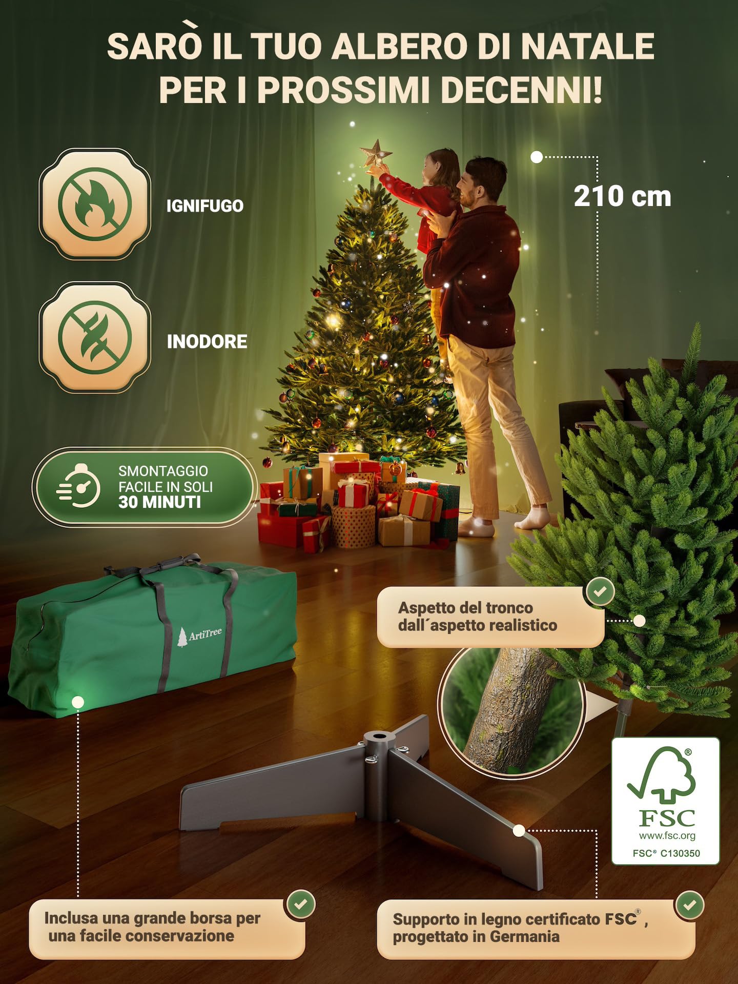 Albero di Natale artificiale [100% stampato a iniezione] - Nordman realistico con cima robusta | christmas tree di prima qualità con supporto in legno certificato FSC (210 cm, con illuminazione)