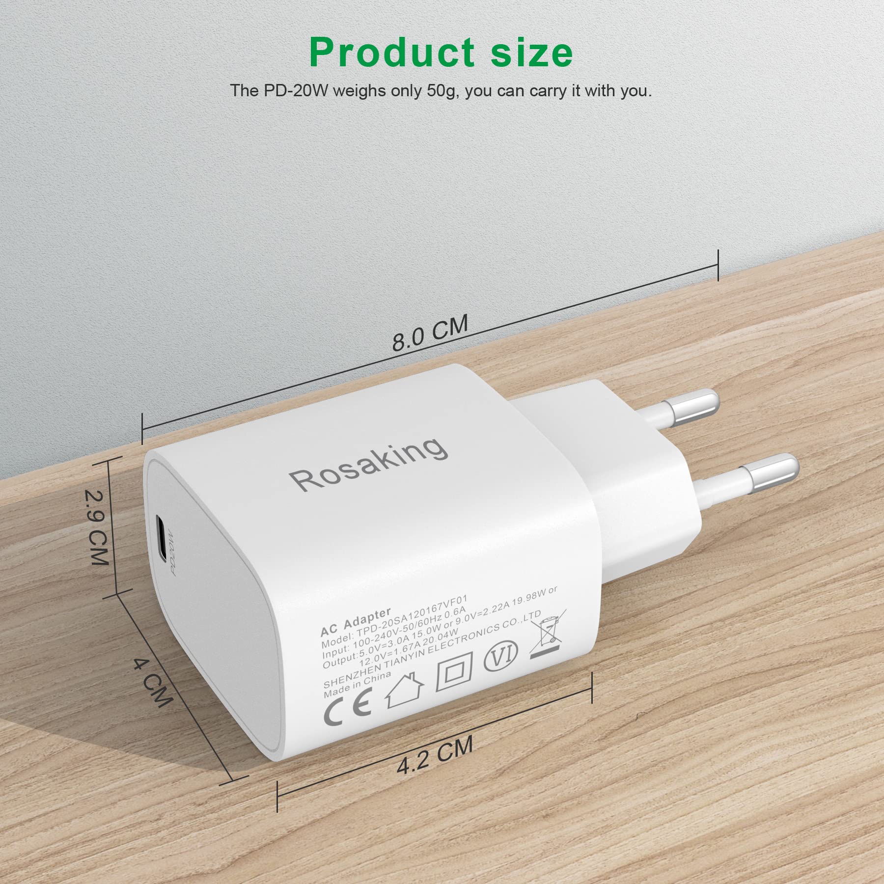 Rosaking USB C Caricatore, Caricabatterie Rapido PD 20W per iPhone14 Pro/Pro Max/14/Plus,13 Pro/Pro Max/mini/13,SE/12 Pro/12 Pro Max/mini/12,11 Pro/Pro Max,nero (senza linea