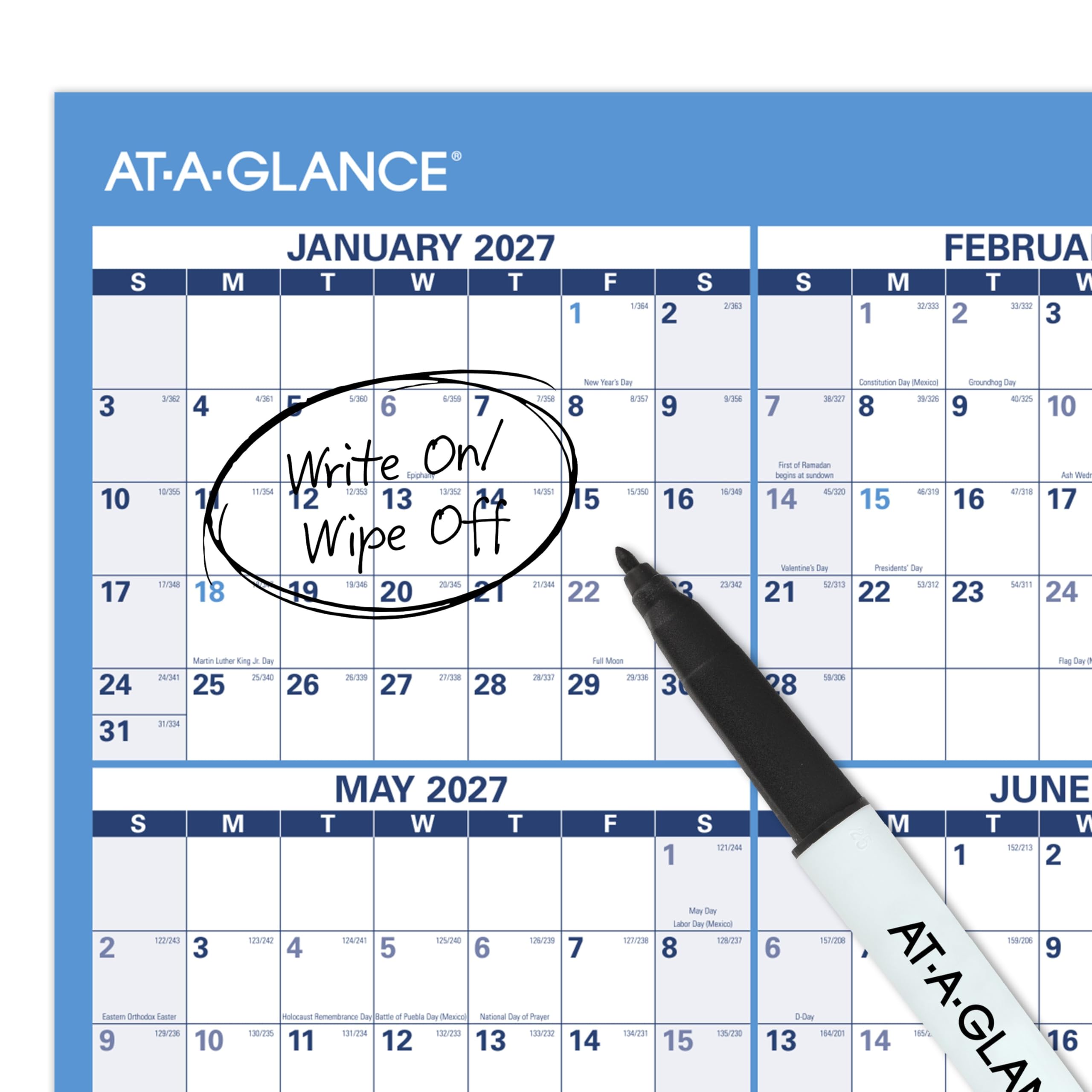 AT-A-GLANCE Dry Erase Kalender 2026–2027, akademischer und regulärer Jahresplaner, 12 Monate, 91,4 x 61 cm, doppelseitig, horizontal (PM200P28)
