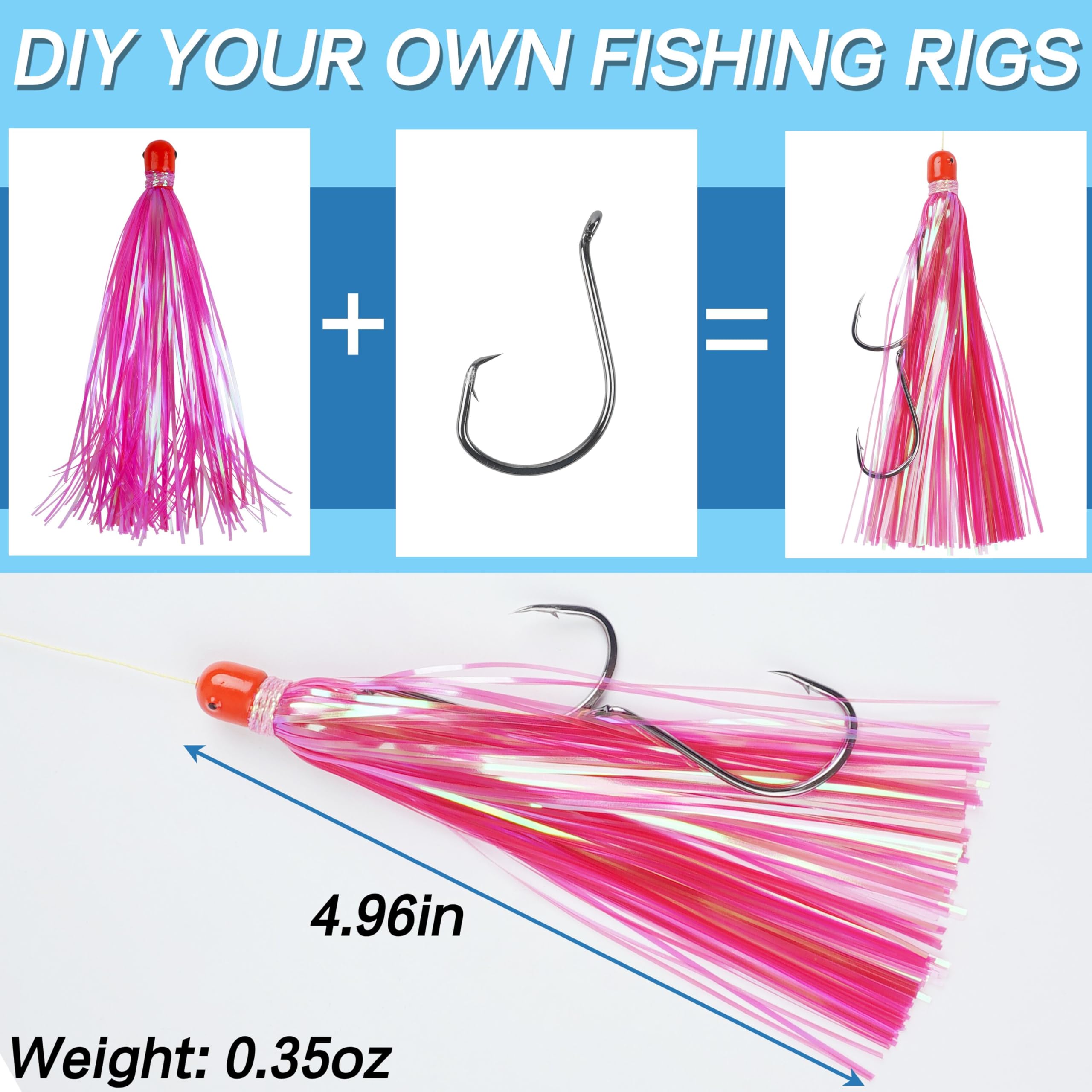 Mylar - Señuelos de cola de mylar con tiras de mylar, faldas de pesca de Mylar, señuelos de pesca, cebos de pesca, cabeza de plomo, 9.9 g con faldas de flash de Mylar