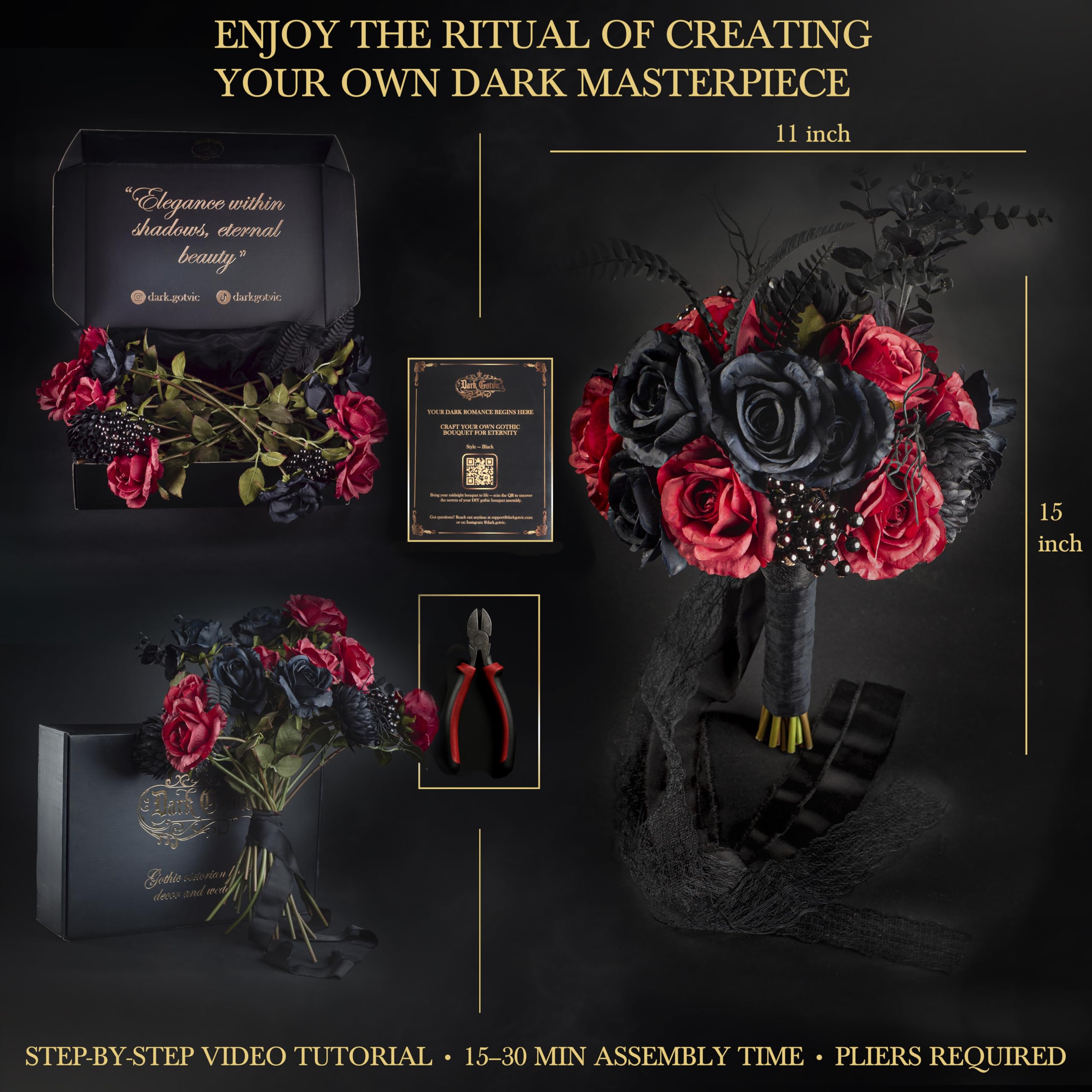 Bouquet De Mariage Gothique Artificiel - Roses Noires Et Rouges Avec Plumes, Pour Mariée Et Demoiselles