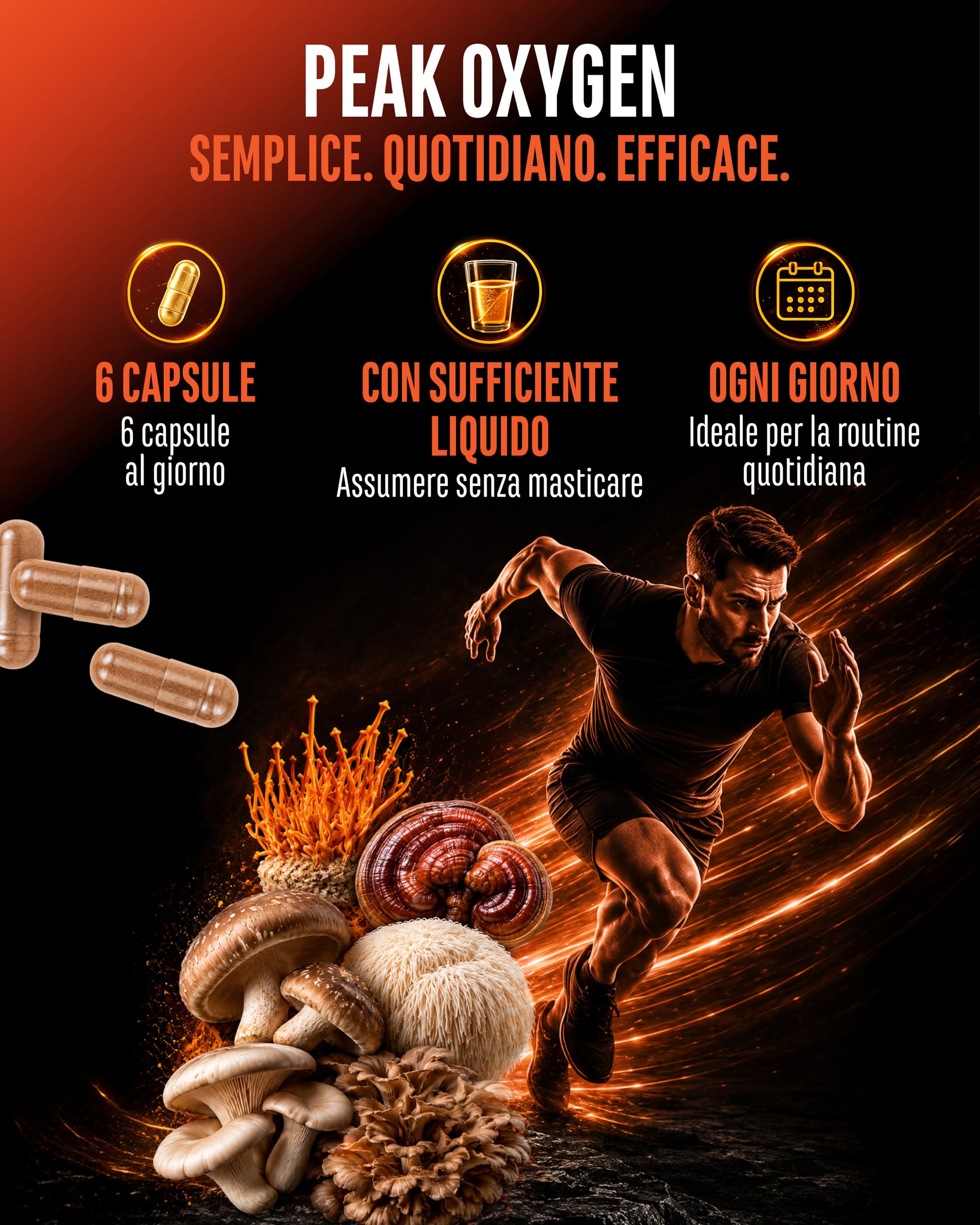 Peak Oxygen - 180 Capsule Vegan - 6125 mg per Dose Giornaliera - Complesso di 6 Funghi con Cordyceps, Reishi, Shiitake, Hericium, Maitake e Pleurotus - TMG, Taurina e Materia Prima di Marca: AstraGin®