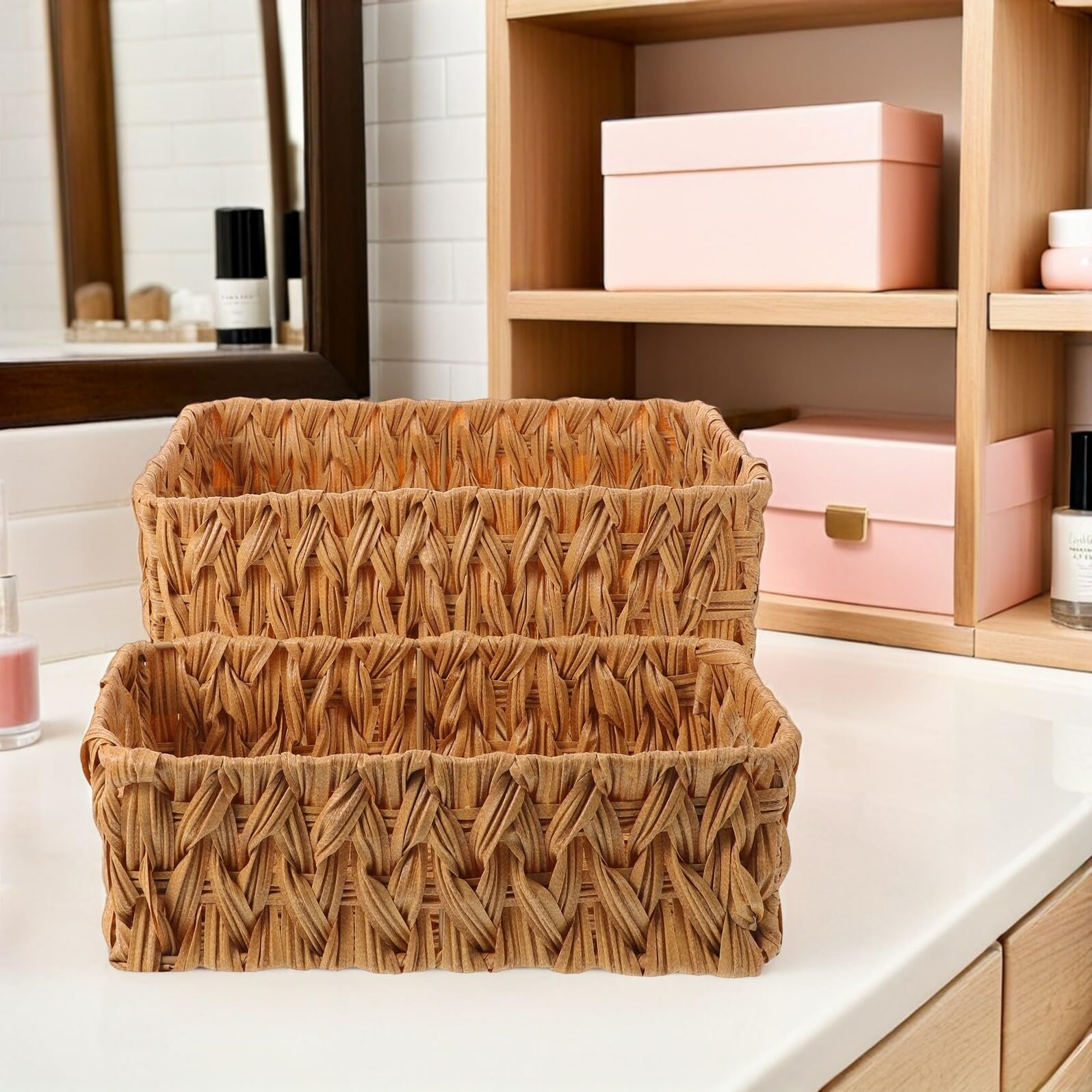 2pezzi Cestini Intrecciati in Finto Rattan Beige da Contenitori Portaoggetti per Scrivania Trucco Cancelleria e Organizzazione Multiuso per Casa e Ufficio