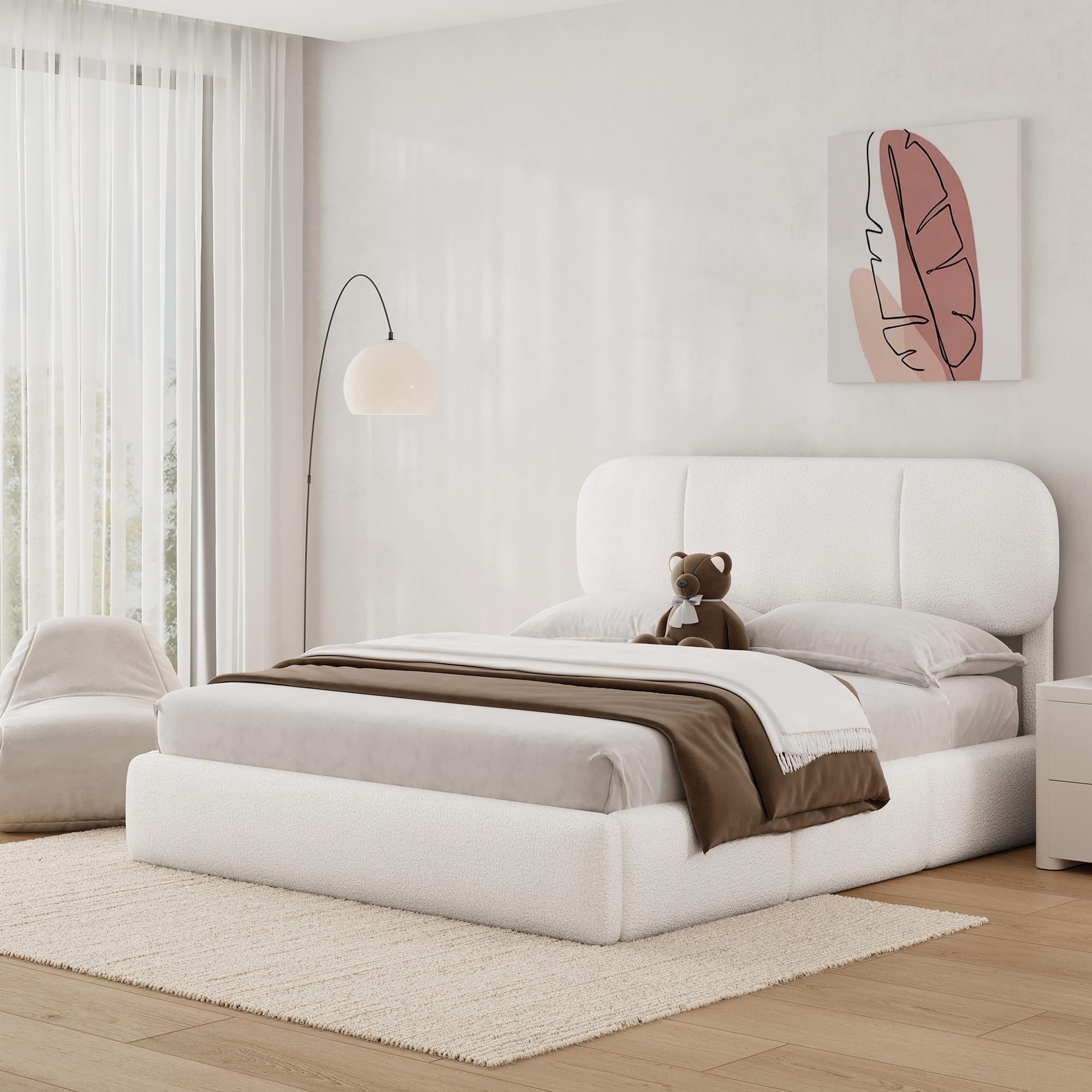 full size bed frame with storage, boucle cloud bed with 4 locking drawers & led lights, modern upholstered platform bed, plush sides & footboard, adjustable headboard, no box spring, white