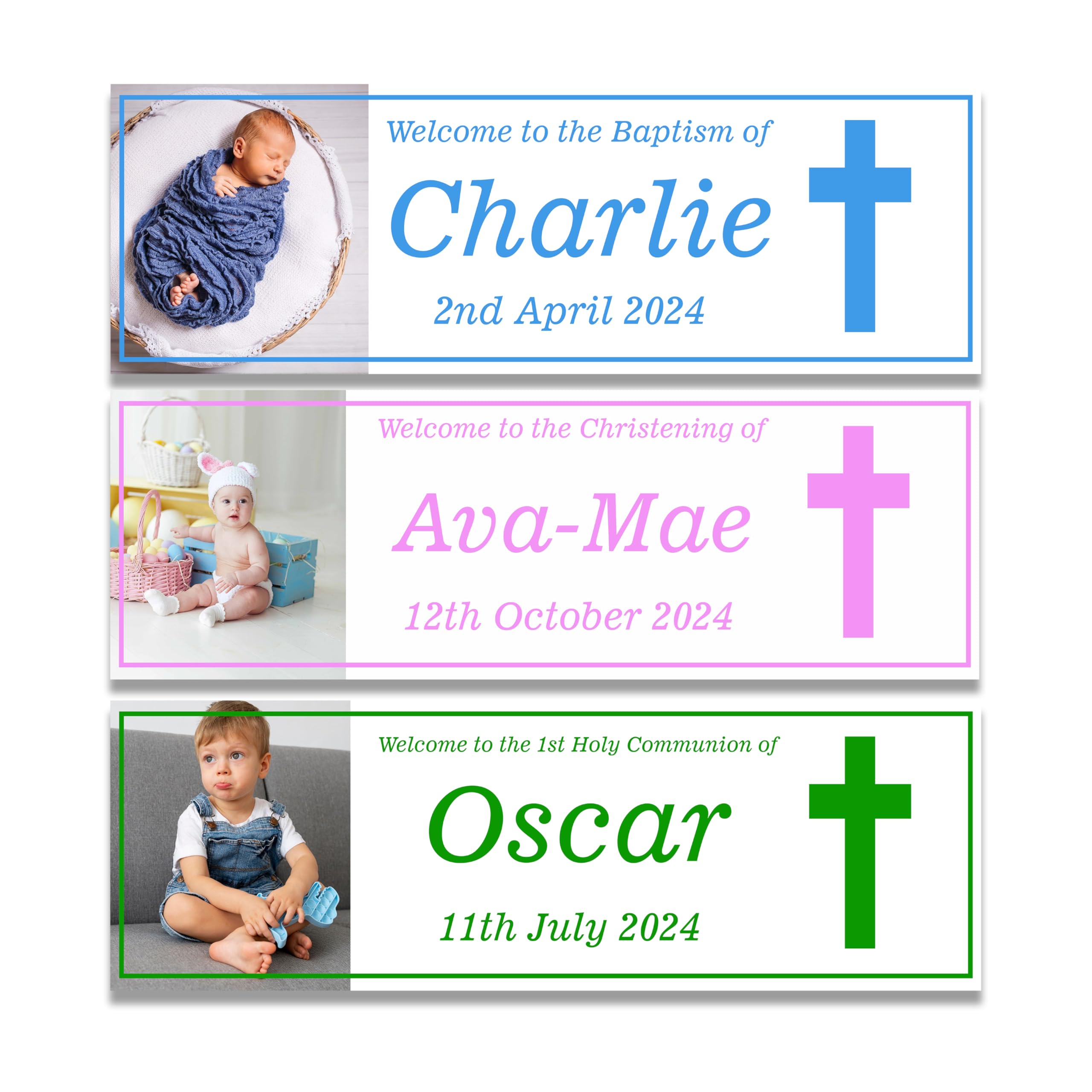 2 X 3 FOOT Personalised Christening,Holy Communion, Baptism Banners in 3 Colours any name and photos (Twin Pack Green Cross)