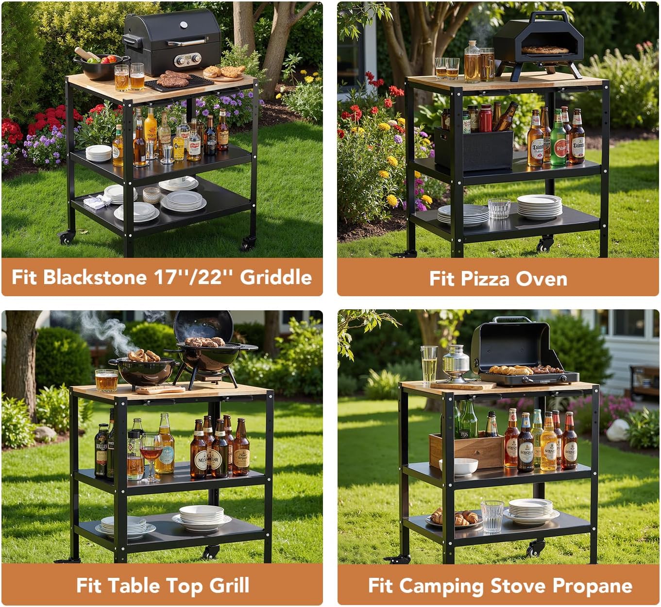 Outdoor Grill Cart, Pizza Oven Table with Hooks and Side Handle, Double-Shelf Dining, Movable Stainless Steel Kitchen Cooking Prep Table BBQ Cart for Home Party, Bar, Camping