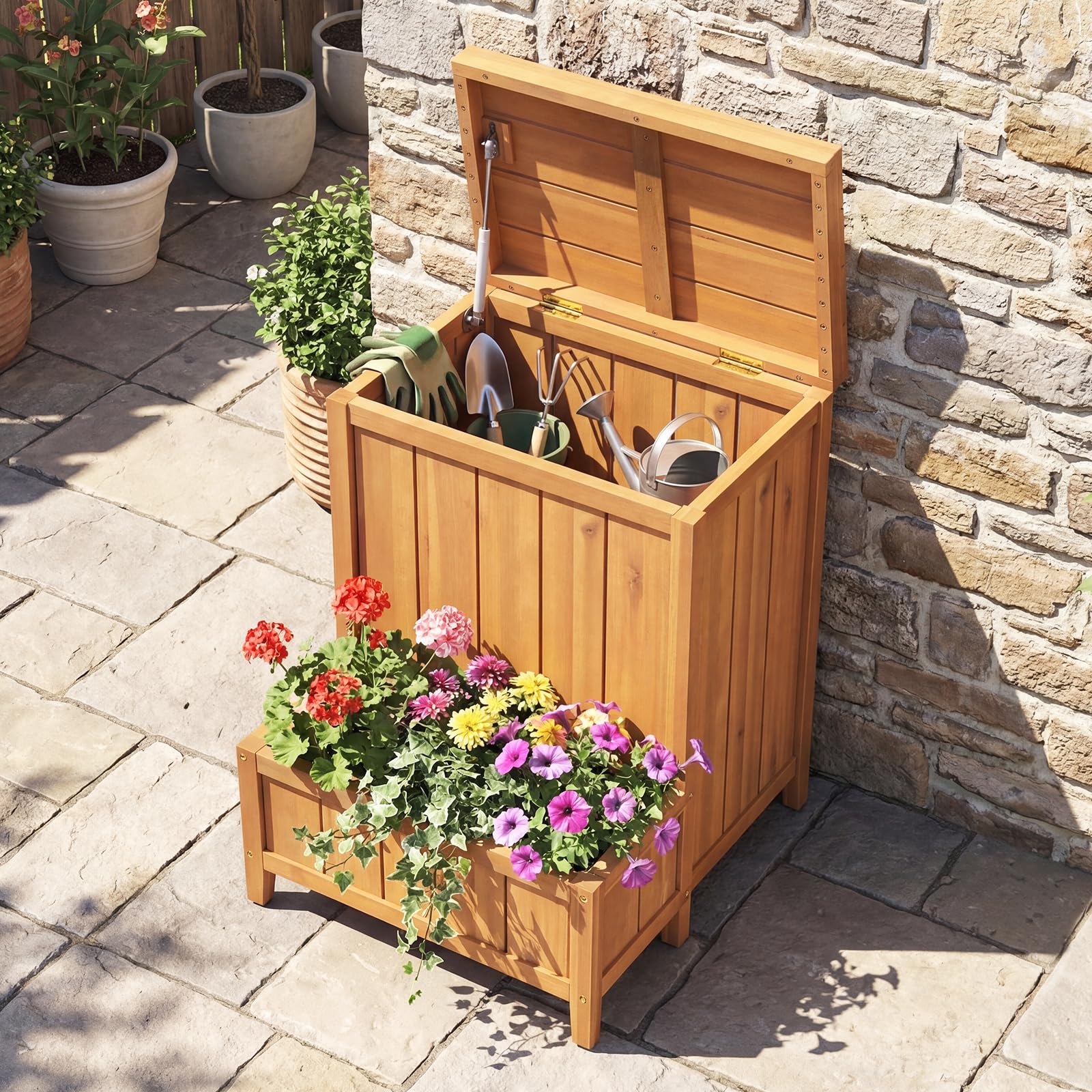 COSTWAY Blumenkasten mit Gartenbox, Auflagenbox mit Deckel, Paketbox mit Pflanzkübel aus Holz, Aufbewahrungsbox für Pakete & Gartengeräte, für Garten & Terrasse, 57 x 52,5 x 70 cm, Natur
