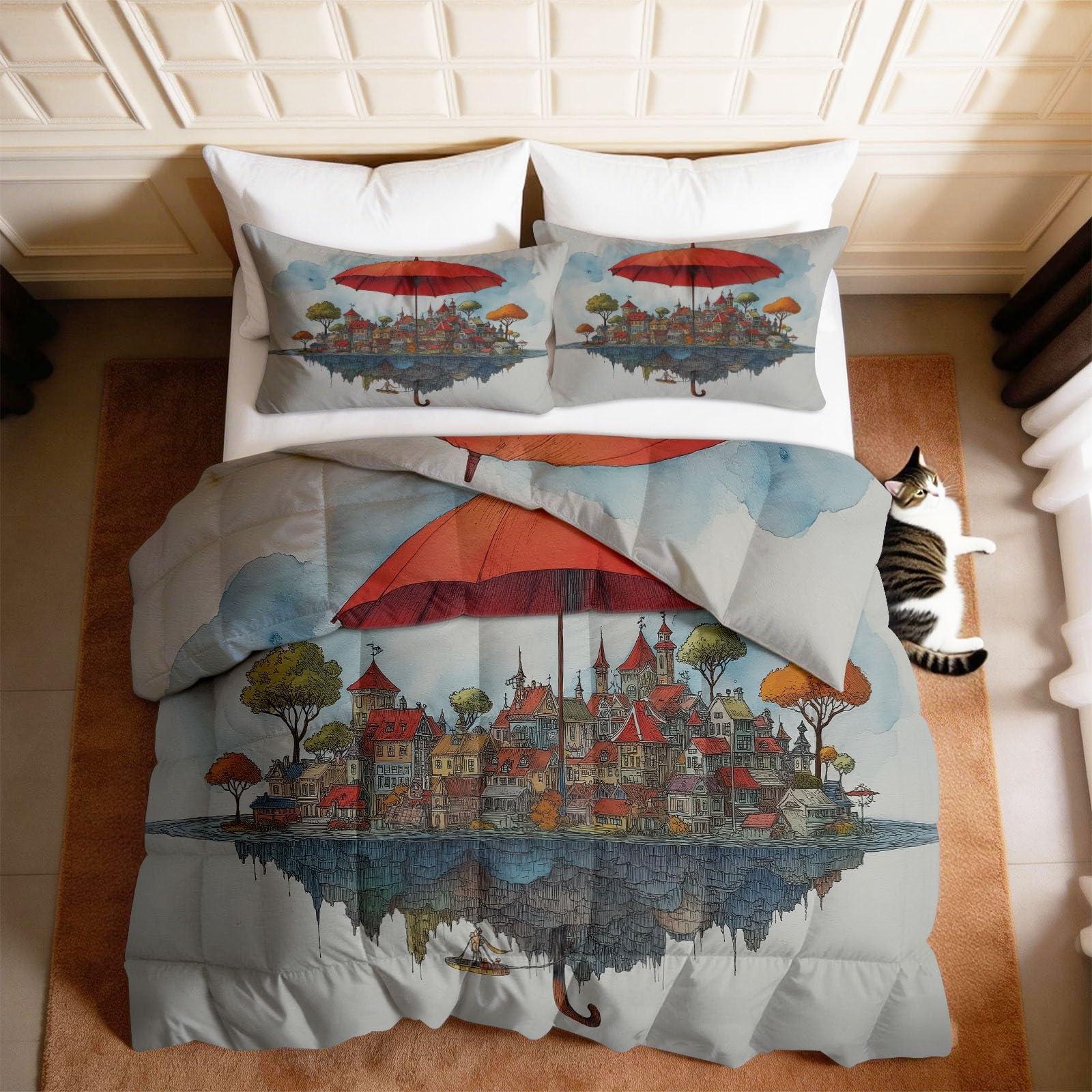 Kołdra 240 x 220 cm, na 4 pory roku, Fantasy Anime cztery pory roku, pikowana, wyspa, miasto, parasol, miękka kołdra całoroczna, bez poszewki, dla chłopców, młodzieży, nadaje się do prania