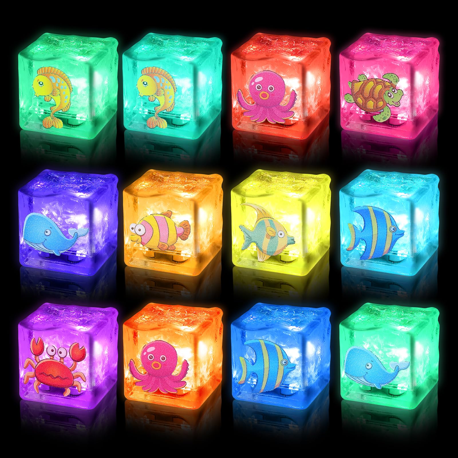12 Pack Light Up Bath Toys Sensory Toys Baby Bath Toys LED Bath Lights Ice Cubes Water Activated Colour Changing Bath Lights for Kids Toddler Bath Water Toys with Animal Design