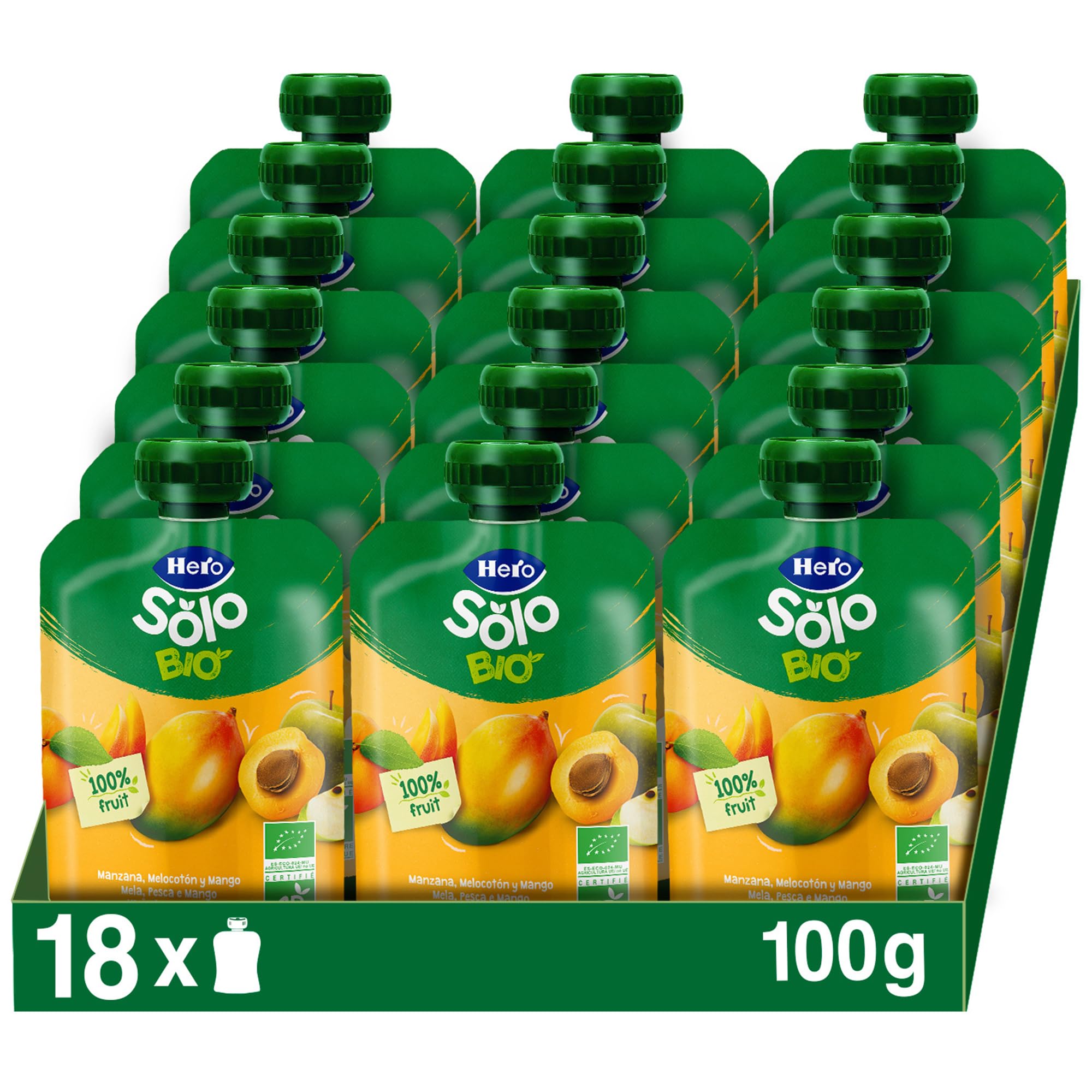 Hero Solo Bio Frutta Frullata 100% Bio, Senza Zuccheri Aggiunti, Purea di Mela, Pesca, Mango - 18 Confezioni da 100 gr