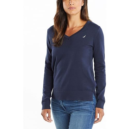 Nautica Women's Effortless J-Class Long Sleeve 100% Cotton V-Neck Sweater