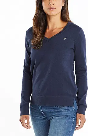 Nautica Women's Effortless J-Class Long Sleeve 100% Cotton V-Neck Sweater