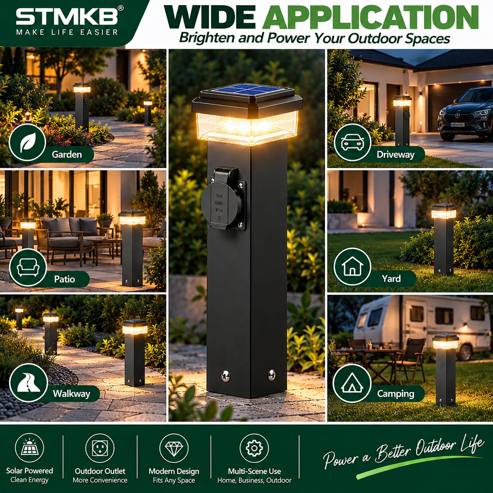Poste De Luz Solar para Exteriores, 1 Toma De Corriente, Ip54, Resistente A La Intemperie, Pedestal Eléctrico para Jardín, Patio Y Paisajismo.