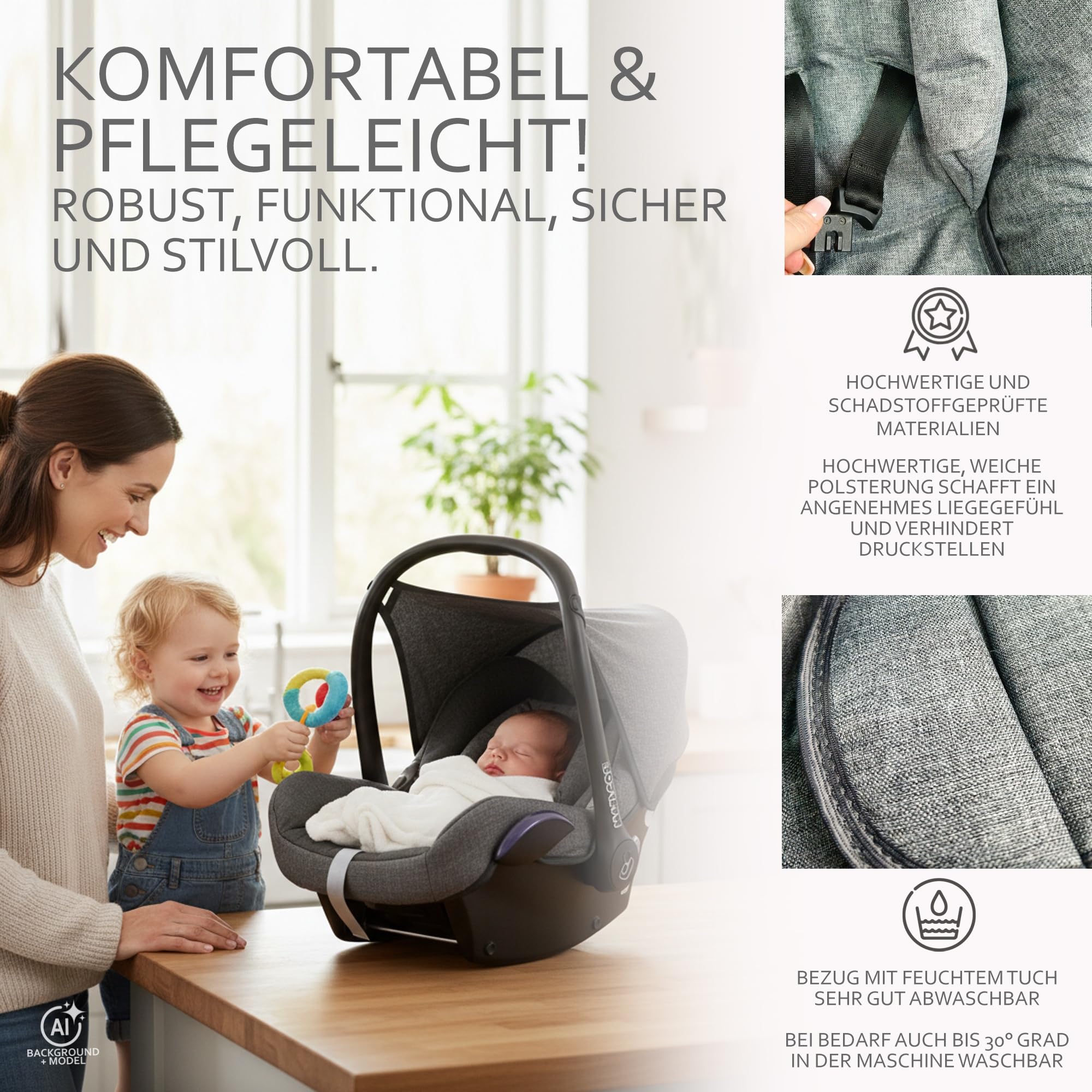 Ersatzbezug Babyschale kompatibel mit Maxi-Cosi Cabrio Fix grau/beige | 6-tlg Komplett-Set, inkl. Sitzbezug, Gurtpolster, Sonnenverdeck & Kopfstütze, gepolstert