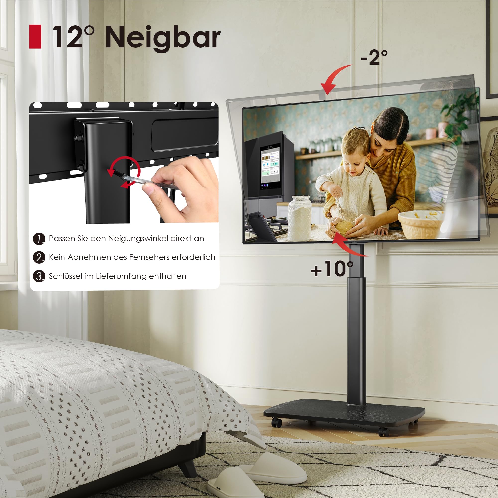 AOKCOS TV Bodenständer Rollbar mit Holzregal, TV Ständer mit Rollen für 43-75 Zoll Flach & Curved Fernseher bis 50kg, Höhenverstellbar Schwenkbar Fernsehstand, Max.VESA 600x400mm