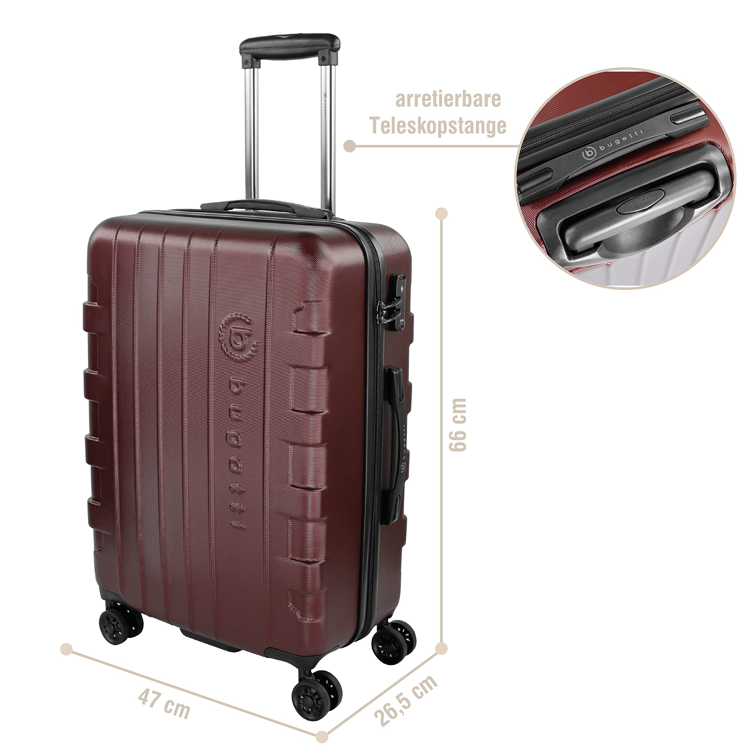 bugatti Galatea valigia rigida 66x47x26,5 cm - 65L, 4 ruote con chiusura a combinazione TSA, rosso