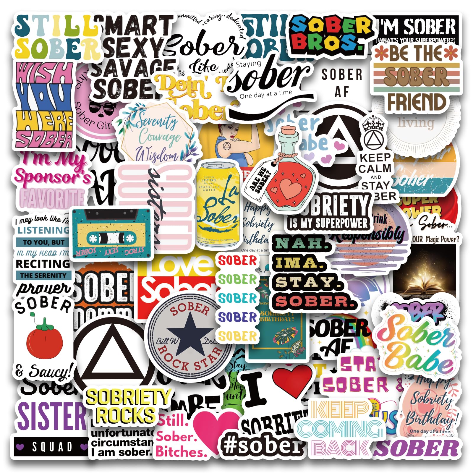 Bonitzdm 60PCS Sober Stickers Sobriety Vinyl Waterproof Aesthetic Stickers for Water Bottle Laptop for Teens Adults for Birthdays Halloween Christmas