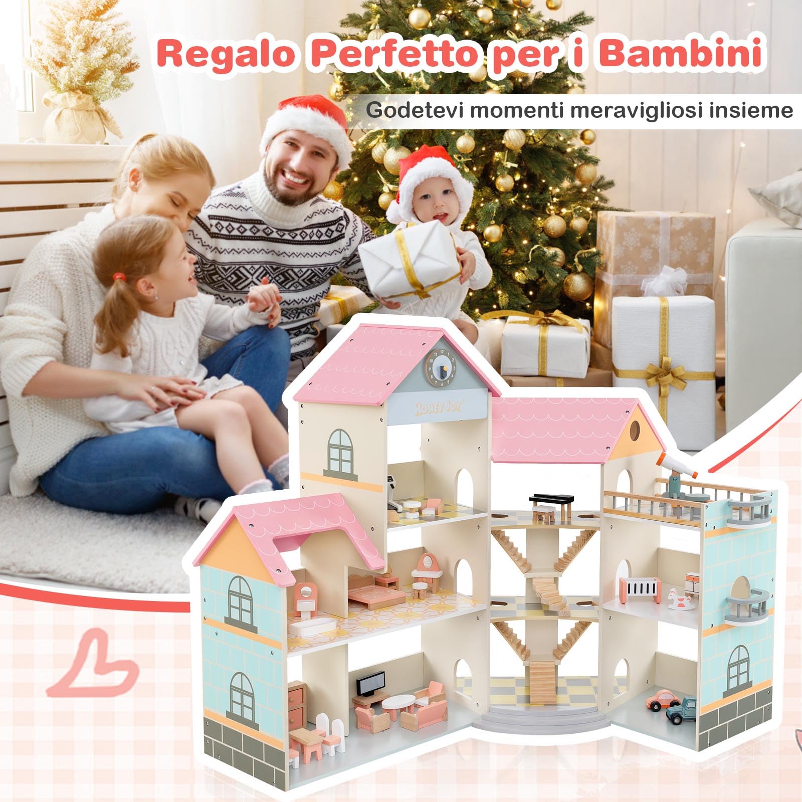 COSTWAY Casa delle Bambole in Legno, Casetta delle Bambole a 3 Piani con 41 Mobili e Accessori, Giocattolo per Bambini 3+ Anni,107 x 82,5 x 94,5 cm (Rosa)