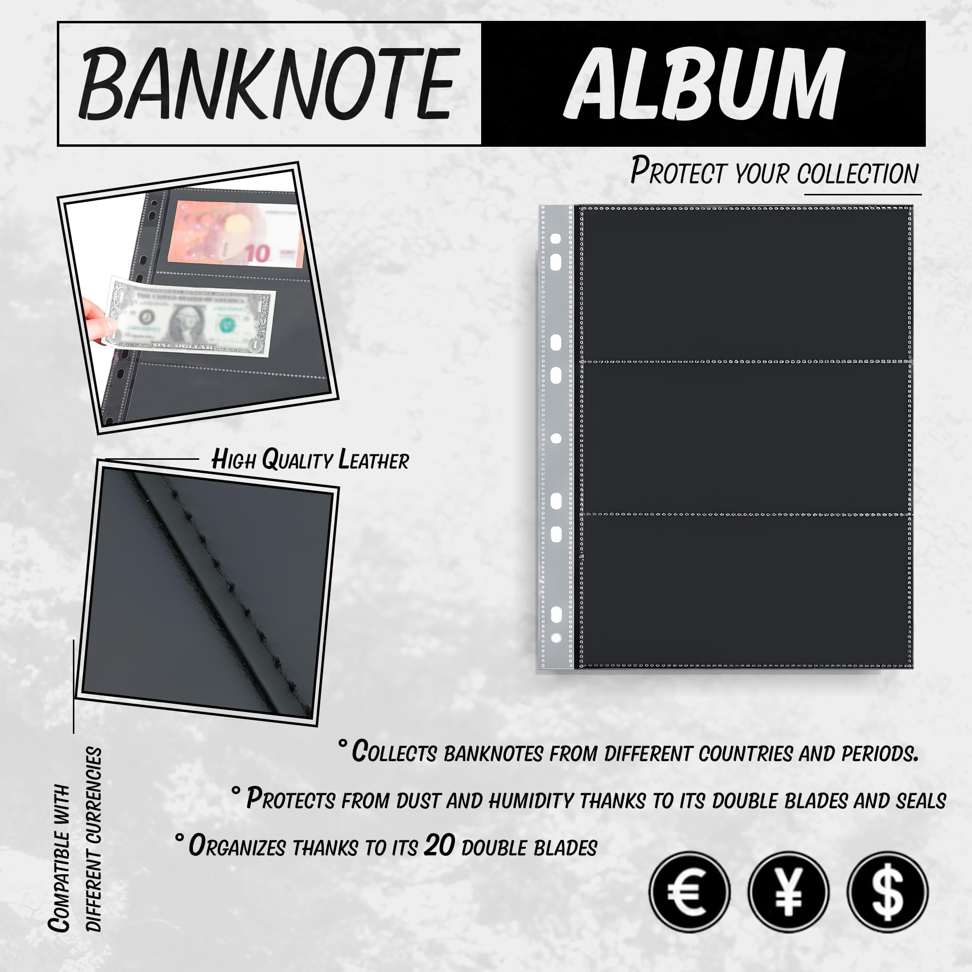 DOJA Barcelona | Album de Billetes con 120 Bolsillos | Libro de Cuero PU Organizador Numismatica Funda Billetes con Cremallera | 33x27 | Álbum Billetes para Coleccion de Euros, Dinero, Dolares…