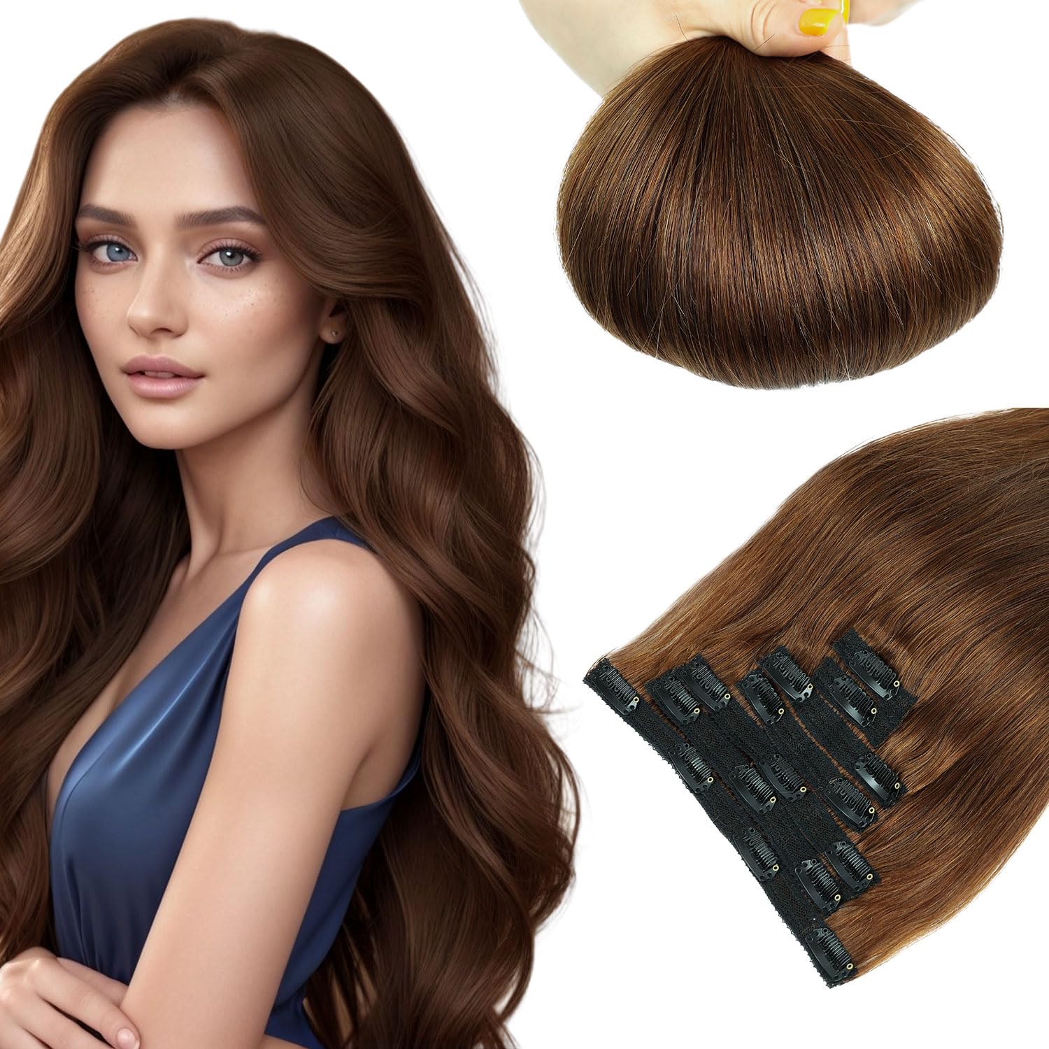 LieblichWelle Human Hair Extensions Clip in Hair Extensions Real Human Hair Brown 18 inch, 7pcs, 80g/Pack