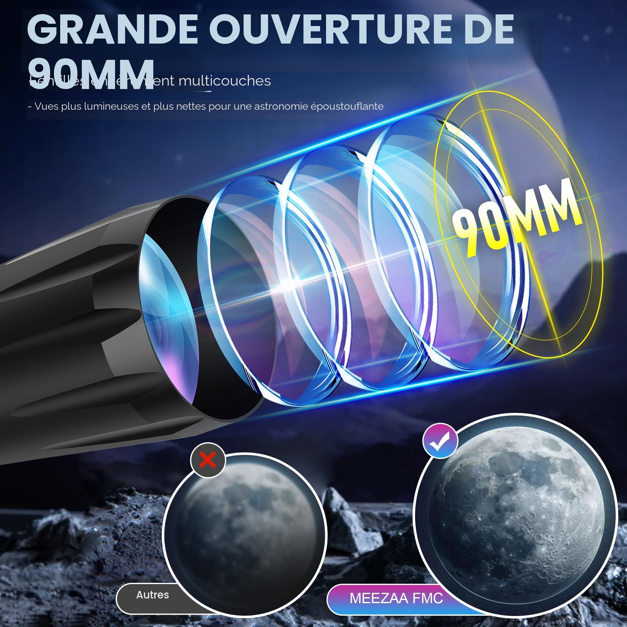 MEEZAA Télescope, Télescope Astronomique Adultes Professionnel, 90 mm Ouverture 800mm Portable et Puissante 32x-240x Télescopes Réfracteur pour Enfants et Débutants pour Observer la Lune et Planètes