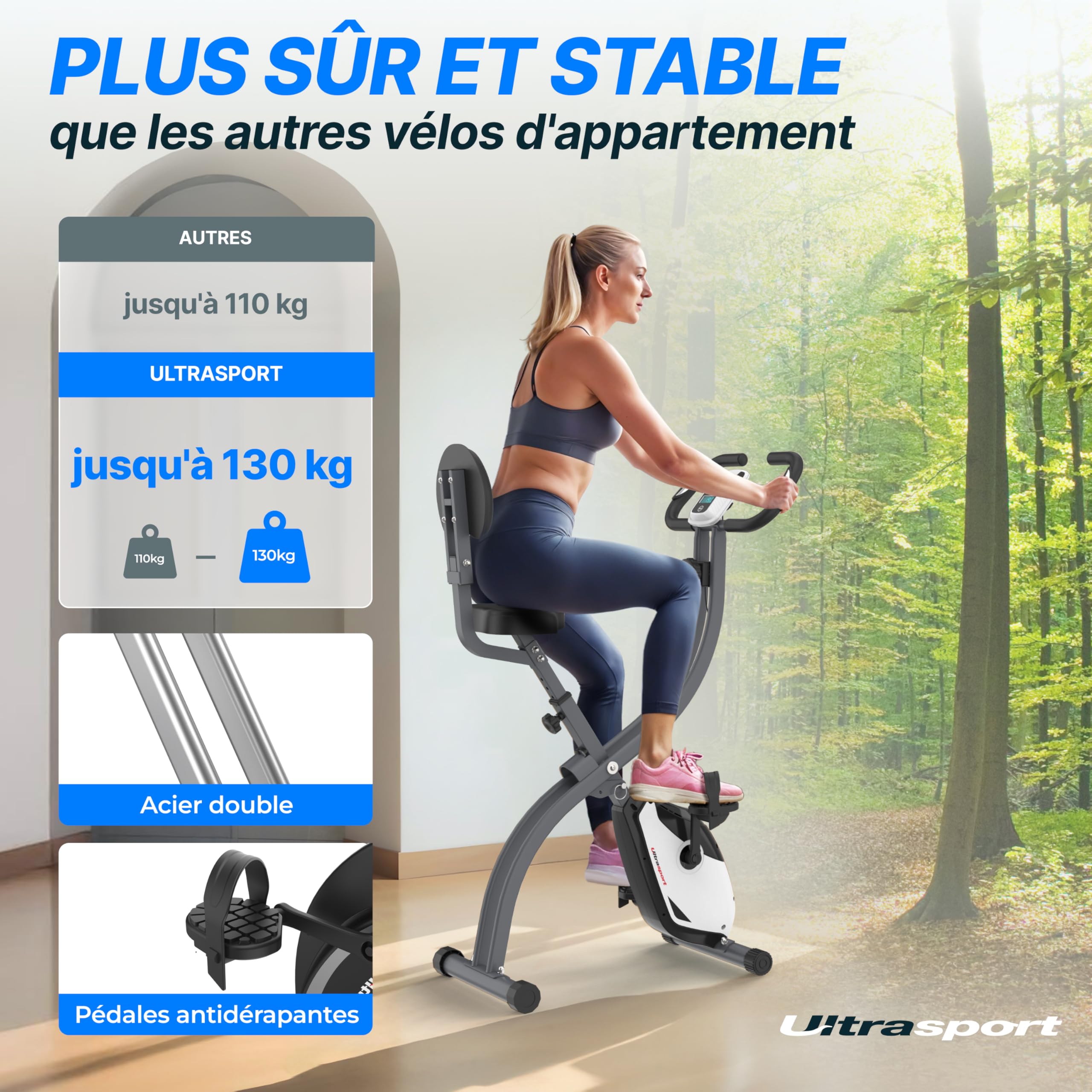 Ultrasport F-Bike Vélo d’Appartement Pliable I Vélos d'Appartement Extra Silencieux jusqu'à 130 kg avec Selle Confort, Velo d Appartement Pliable