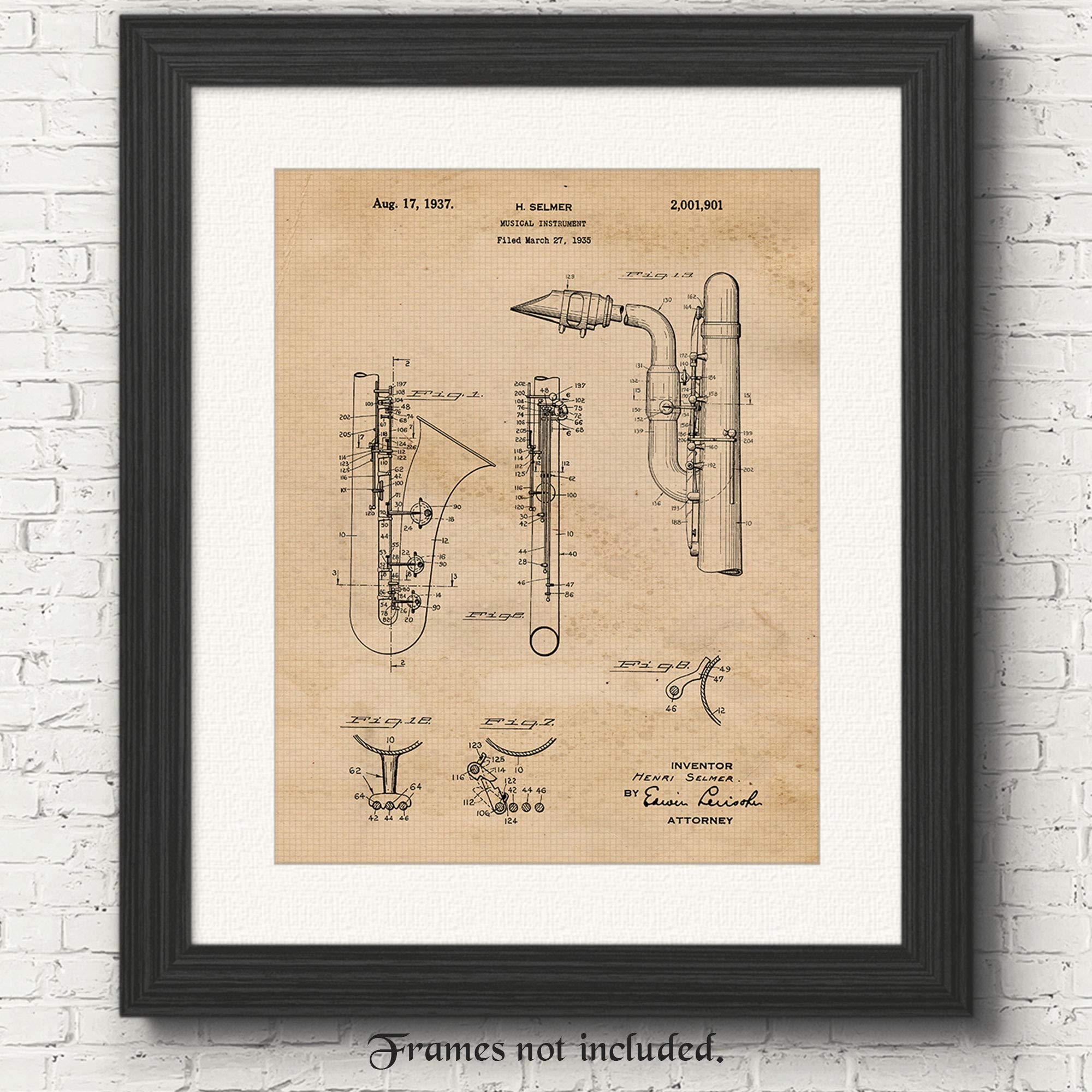 Vintage Saxophone Instruments Patent Prints, 1 (11x14) Unframed Photos, Wall Art Decor Gift for Home Office Garage Man Cave Music Studio School Band College Student Teacher DJ Classic Rock Jazz Fans