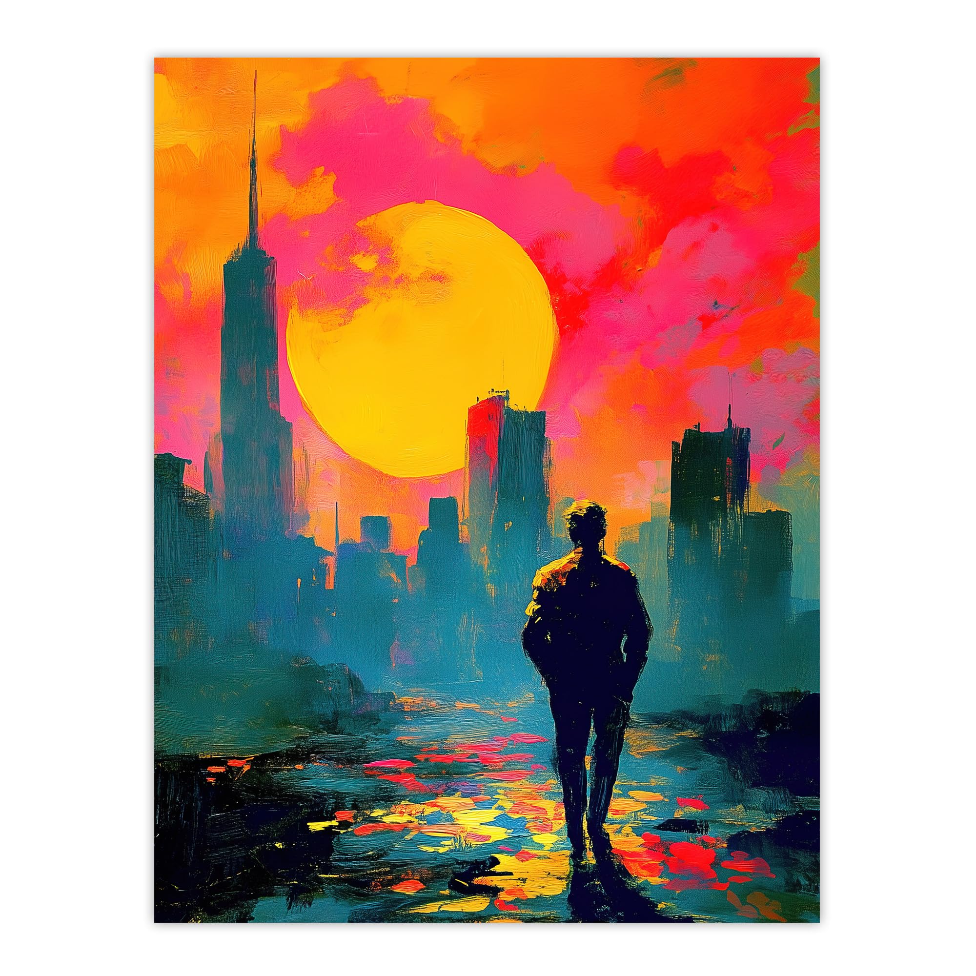 Artery8 Lone Walker Vibrant Sunset Abstract Cityscape Living Room Large Wall Art Poster Print Thick Paper 18X24 Inch