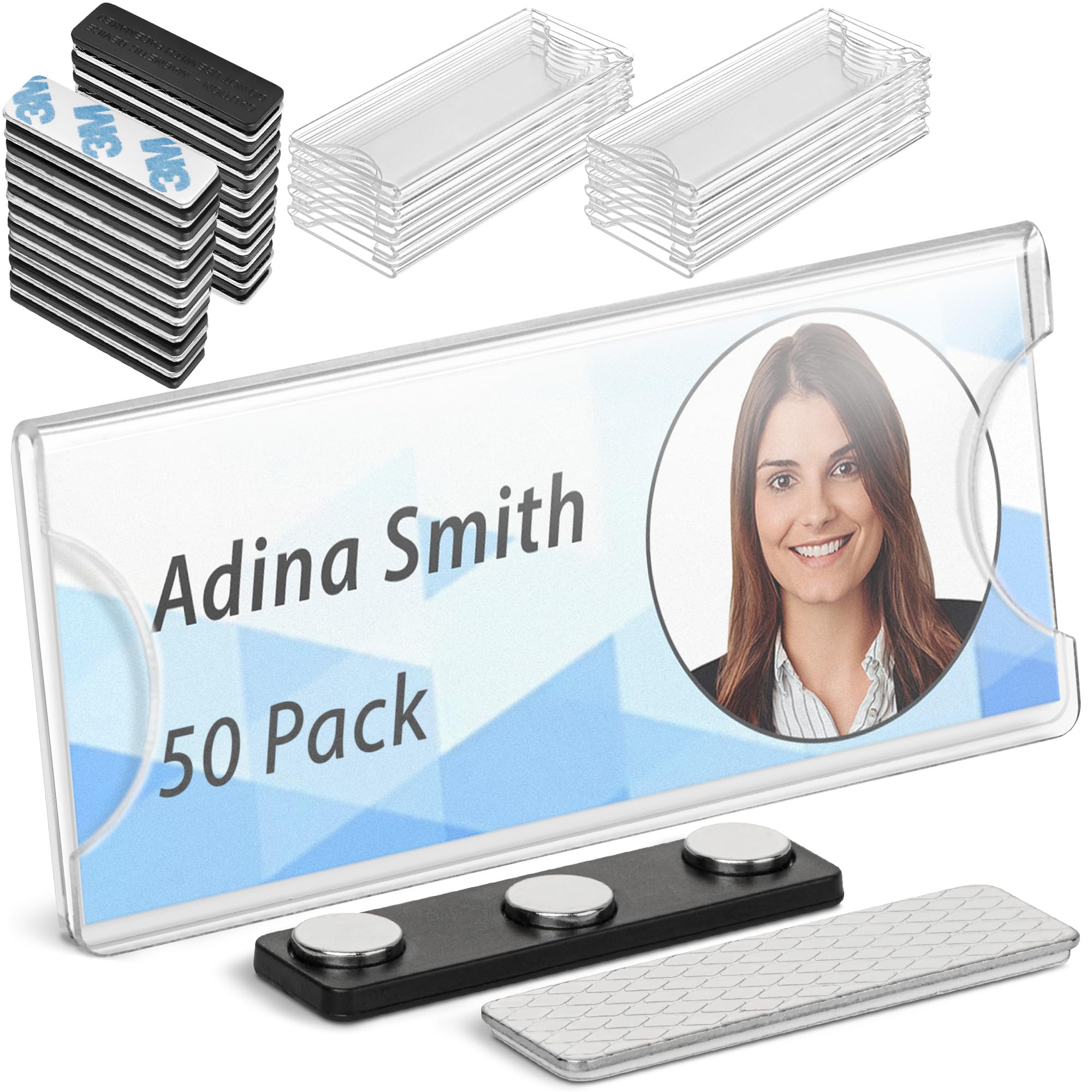 Mifflin-USA - Premium Acrylic Magnetic Name Tag Kit - 50 PK, 3x1, Clear - Customizable & Reusable Name Badge Holders w/Strong Neodymium Magnetic Backing & Paper Inserts for School, Office & Events