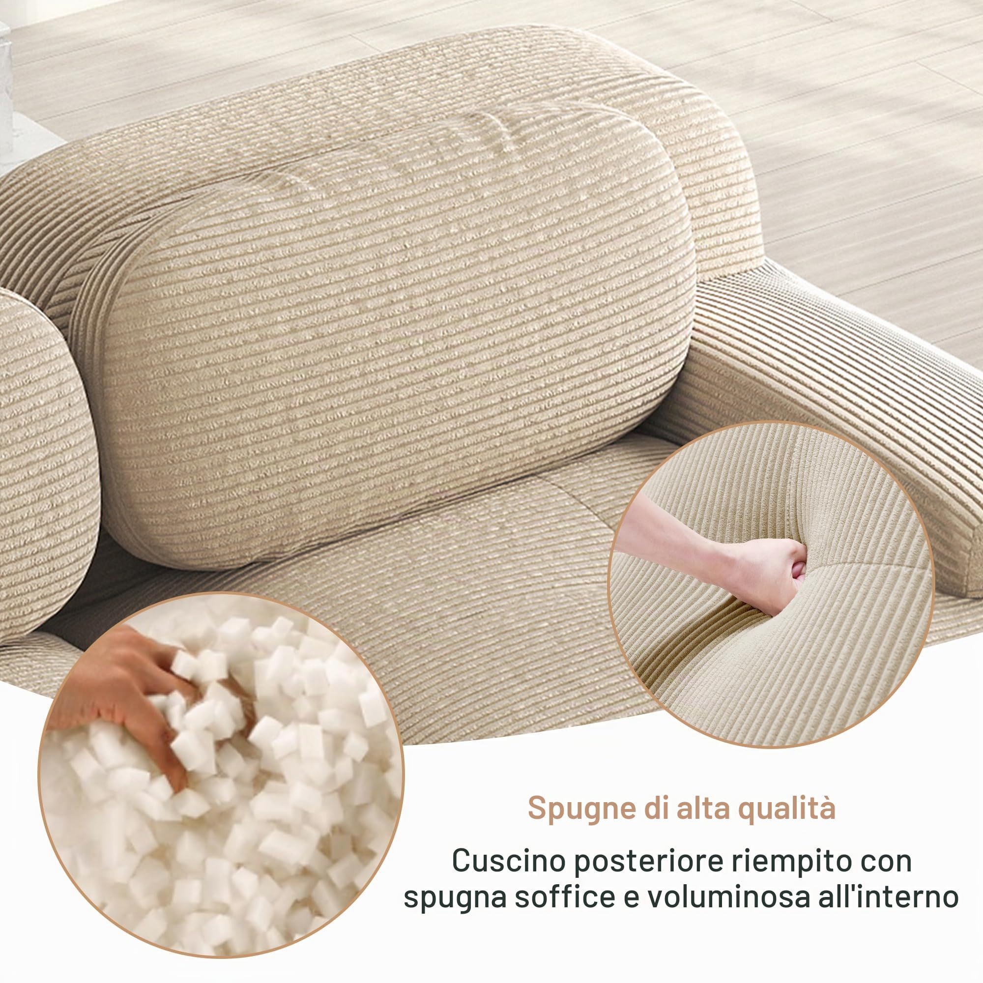 Divano a U 3 Posti in Morbido Velluto a Coste, Componibile Modulare Sofà con Braccioli Curvati, Imbottitura in Schiuma Altamente Elastica per Soggiorno e Camera da letto, Senza Montaggio(Beige)