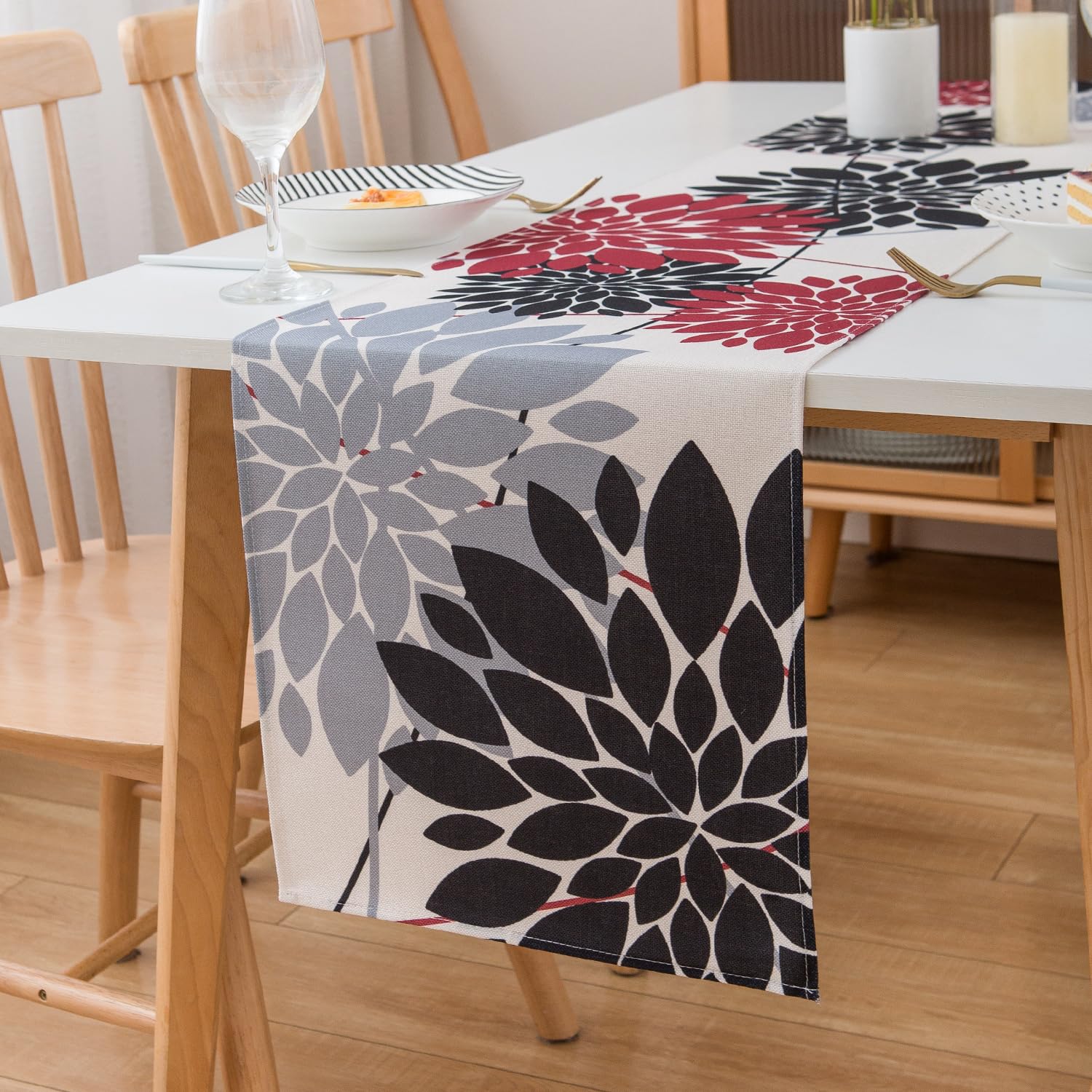 LRartdeco Camino de Mesa Rojo y Negro Moderno Lino Tapetes para Centro Mesa Decoracion Caminos de Mesa Flores Rectángulo Camino Mesa Lavable para Hogar Fiesta Diario Decoracion Mesa, 40x140cm