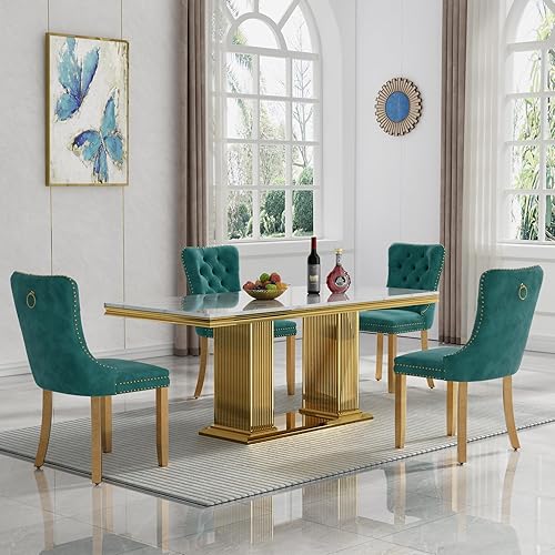 Miniatura 14 de Juego de mesa de comedor de 7 piezas, color blanco y plateado, mesa de cocina moderna de mármol sintético de 68 pulgadas con 6 sillas tapizadas Mesa
