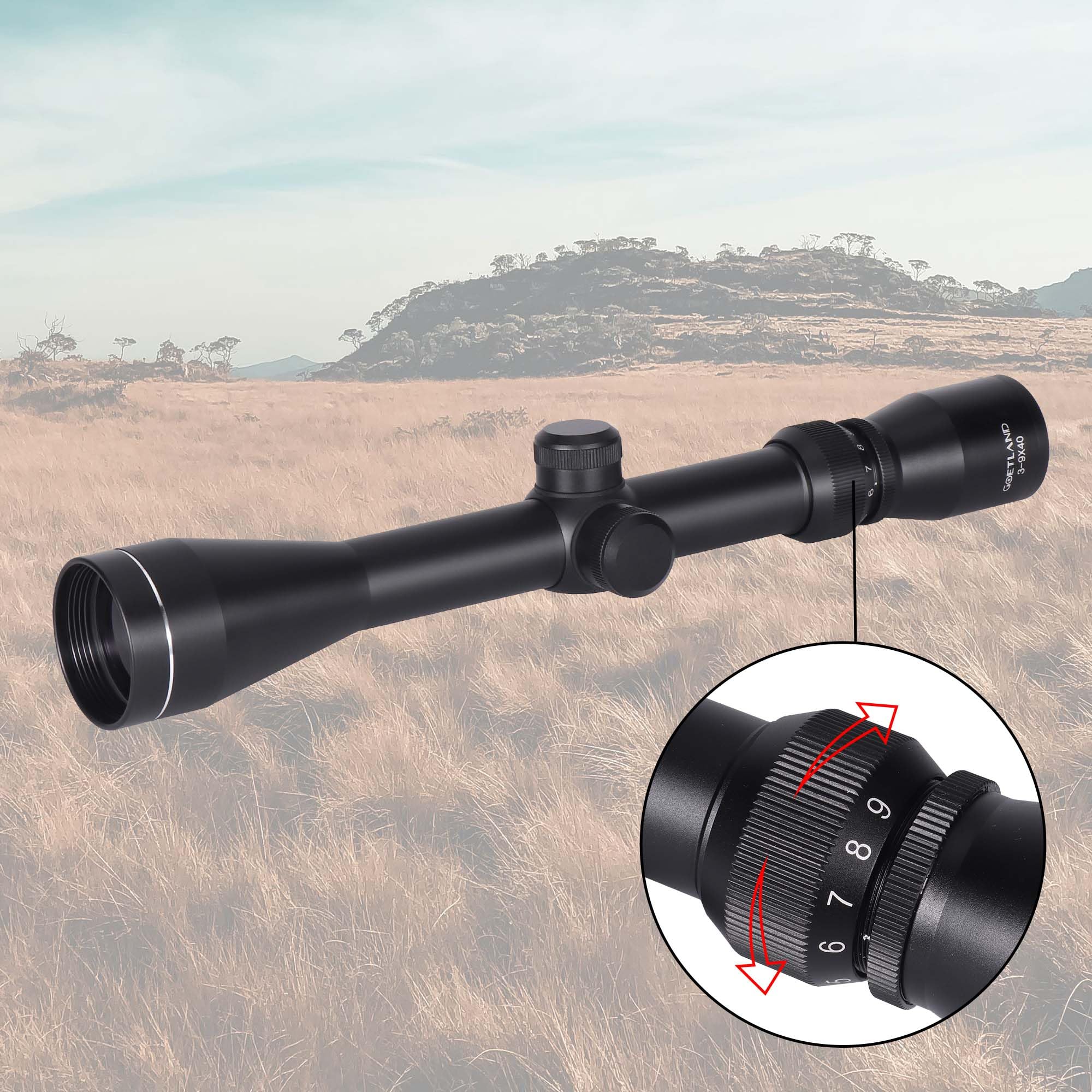 Goetland Gewehr Zielfernrohr 3-9x40 Airsoft Crosshair Optik R4 Absehen mit Montage Ringe SFP für Taktische Jagd Luftgewehr Sportschützen