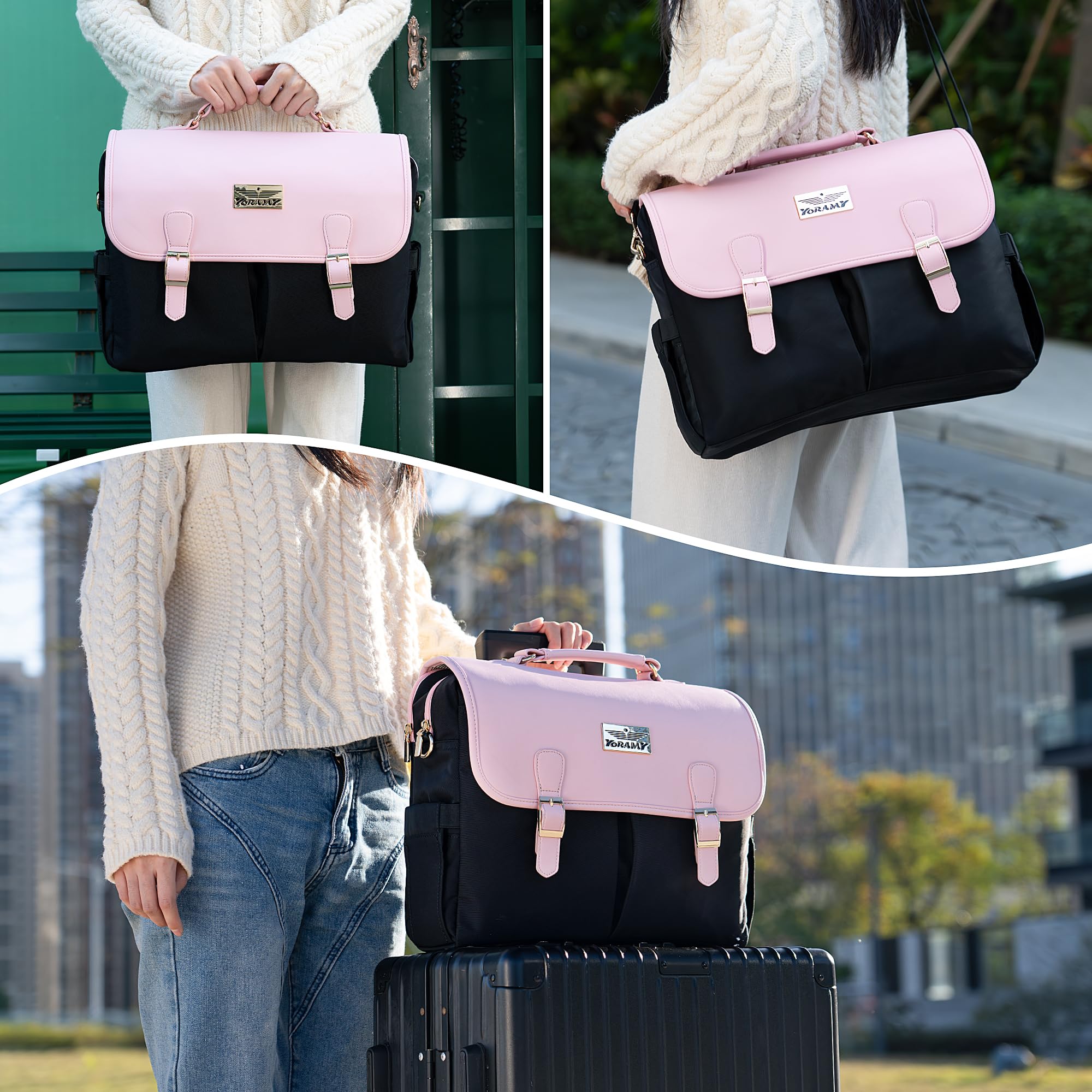 Bolsa de lona para laptop para mujer; bolsa de trabajo ligera tipo mensajero; bolsa grande con cremallera para la escuela, 17 bolsillos