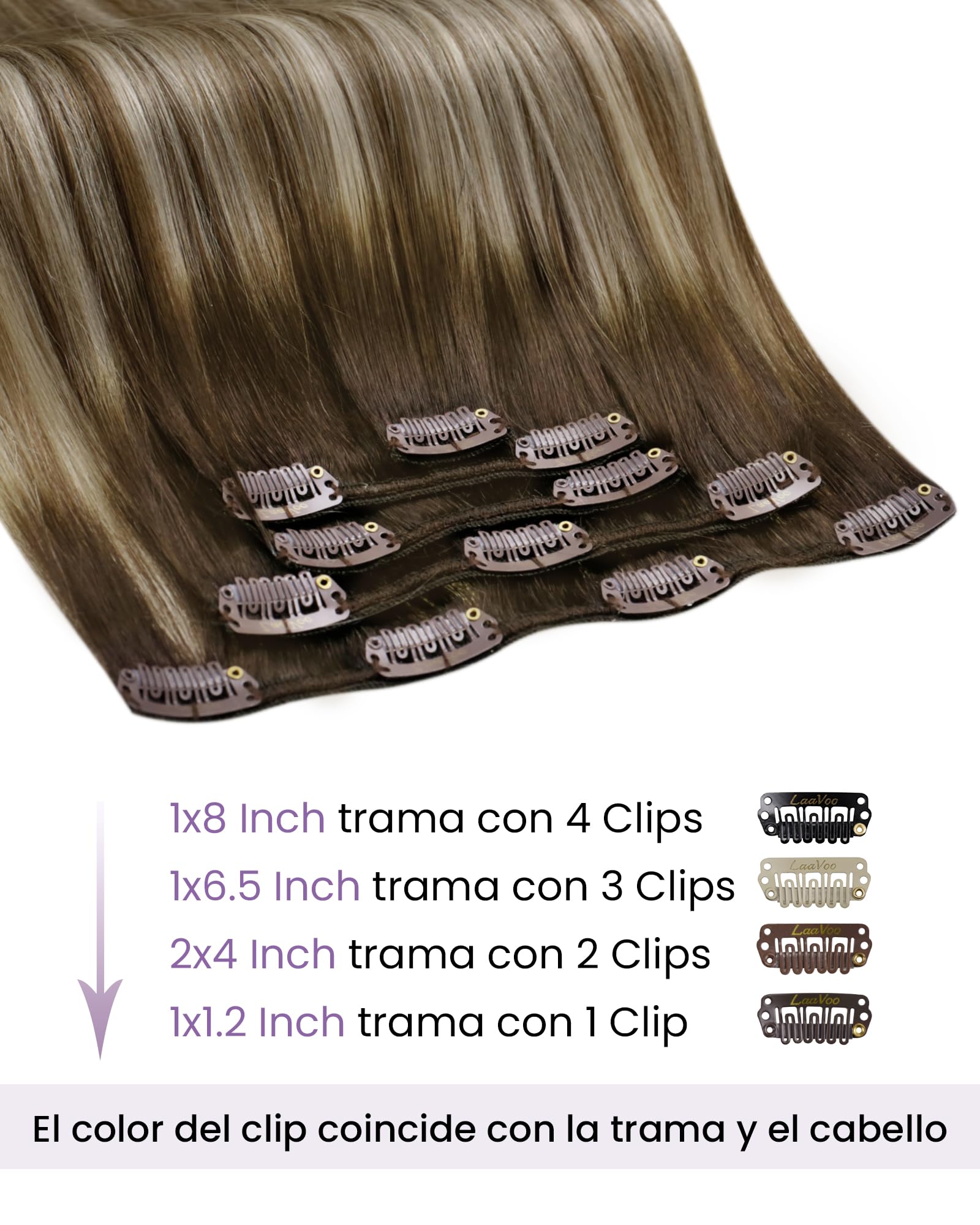 LaaVoo Extensiones de clip de pelo natural degradado, color marrón degradado, extensiones de pelo humano Remy, 5 unidades, 70 g, 30 cm, color marrón oscuro con rubio #3/8/24