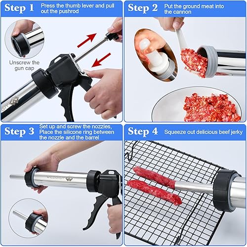 Miniatura 4 de Kits profesionales de pistola de carne seca de vacuno, máquina de carne seca de acero inoxidable, cañón de cecina, pistola de carne con 5 boquillas