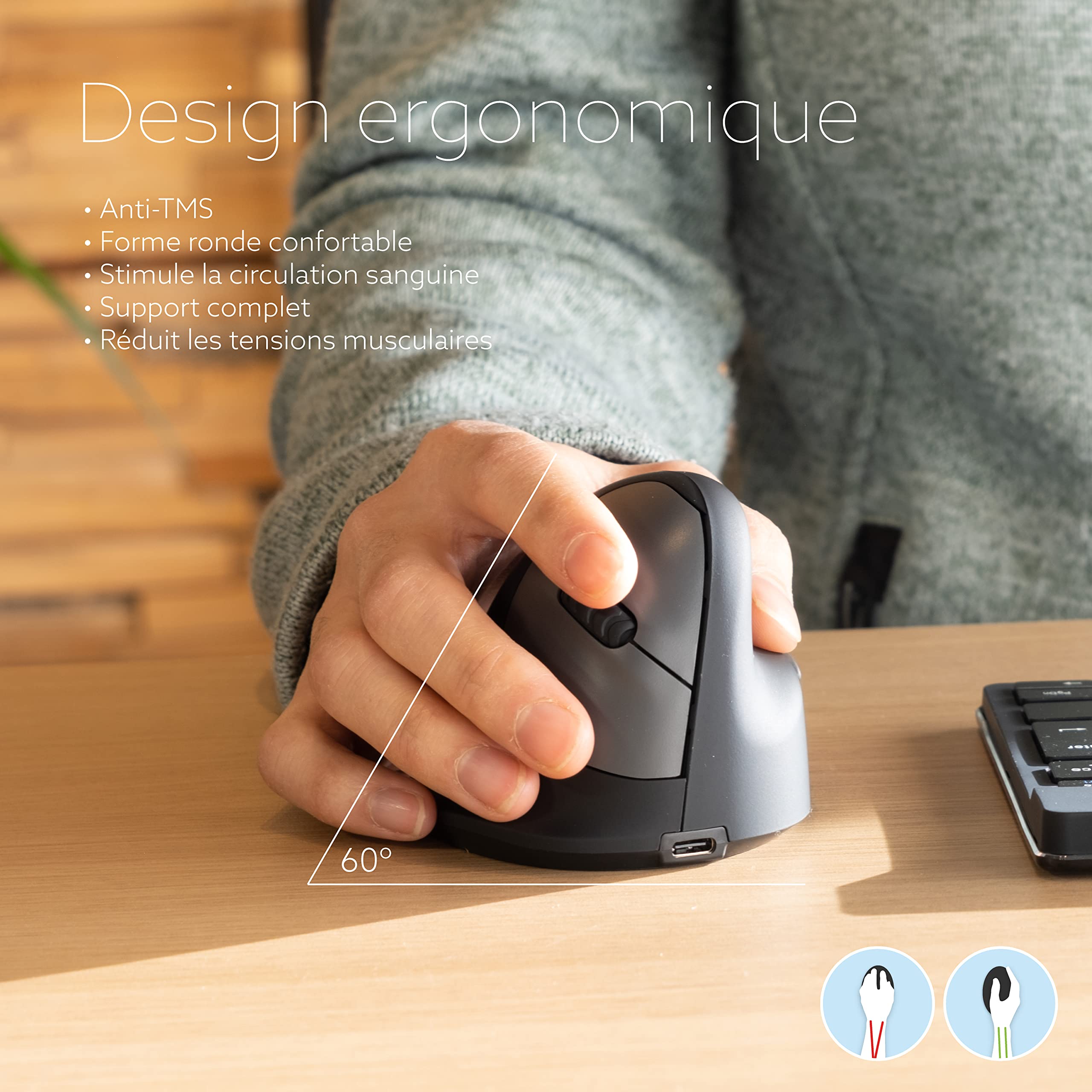 R-Go HE Souris Ergonomique sans Fil, Bluetooth 5.0, Clic Silencieuse, avec indicateur de Pause, Anti-Tendinite, Souris Verticale Rechargeable, 2400 DPI réglable et 5 Boutons, Noir
